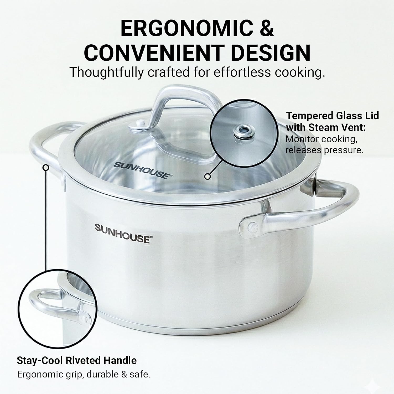 SUNHOUSE Whole-Clad 6.2 Quart Stainless Steel Stock Pot with Lid | Professional