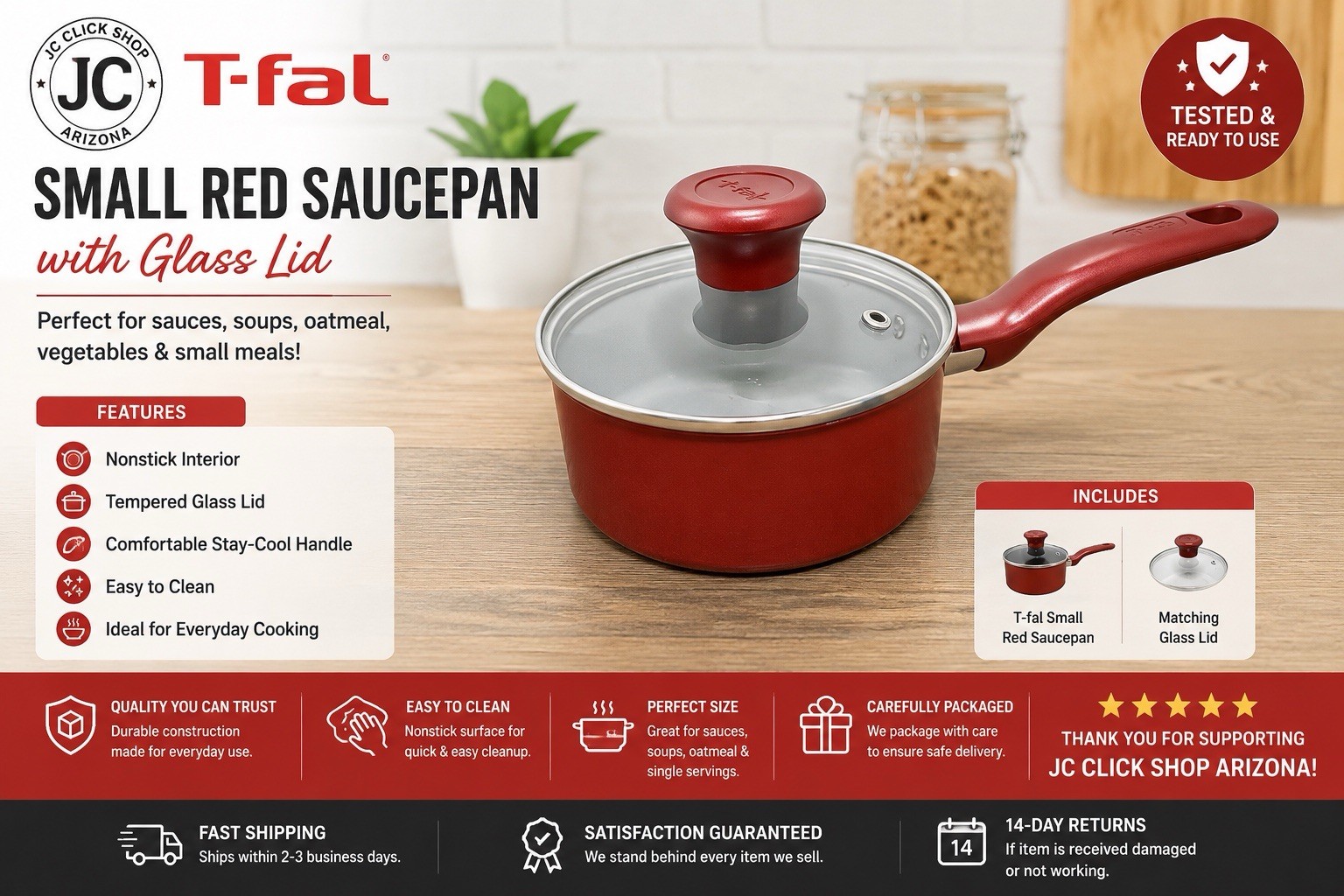 T-fal Small Red Nonstick Saucepan w/ Glass Lid Cooking Pot Tested Clean 1 Qt