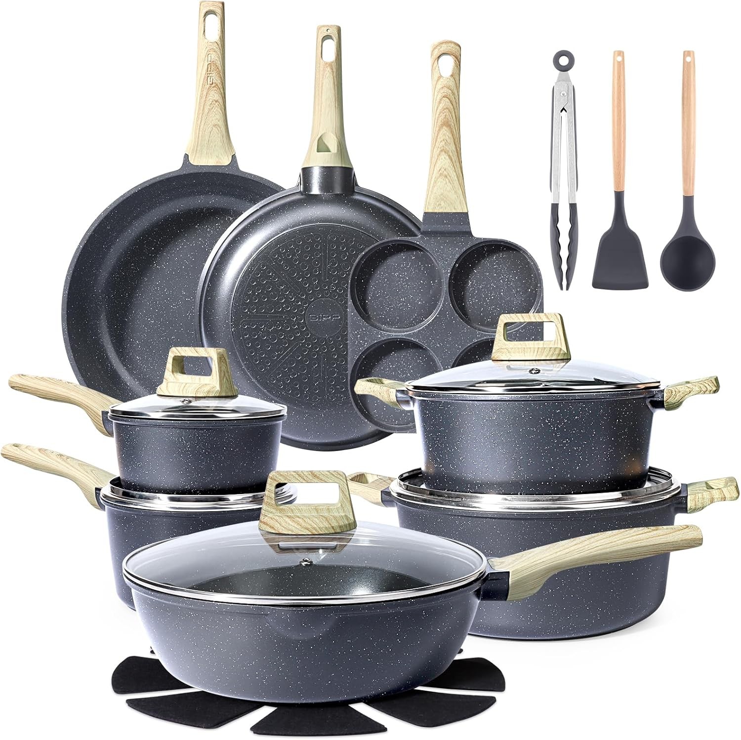 GiPP 22Pcs Nonstick Pots Pans Set Dark Gray PFAS Free