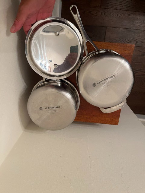 Le Creuset Stainless Steel Cookware 2 Handled Pots & 1 Lid 2 & 1.5 Qts. 3 Pieces