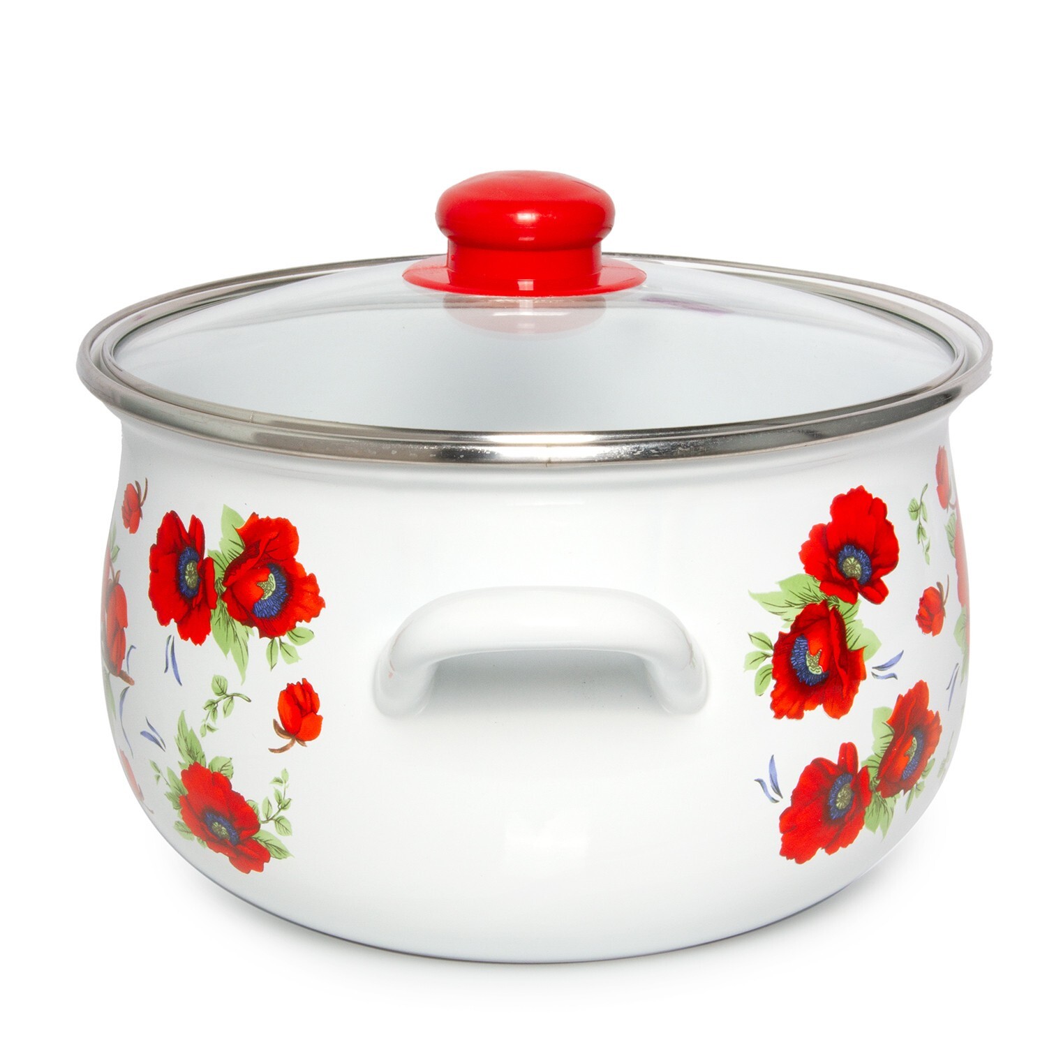 POPPY FLOWERS Enamelware Stockpot with Glass Lid, Enameled Cooking Pot 4 qt