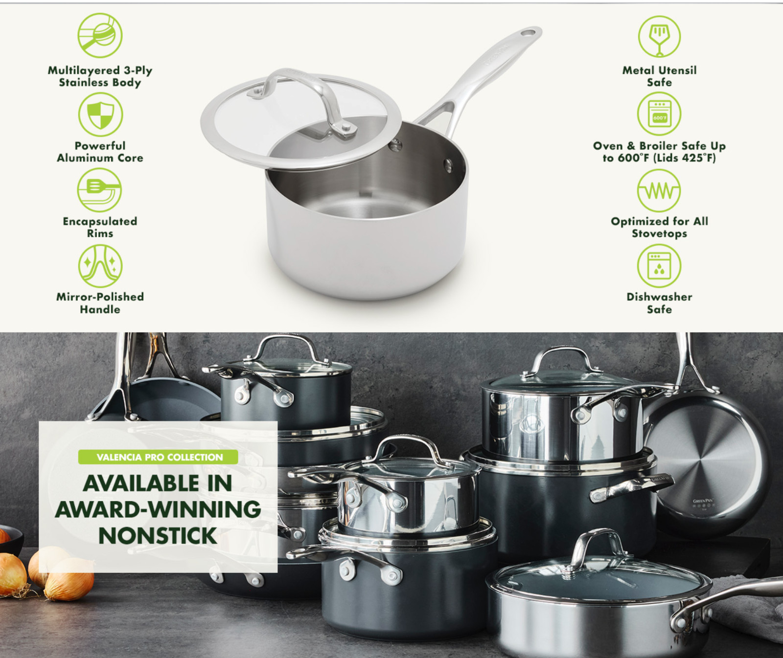 GreenPan Valencia Pro Stainless Steel Uncoated 1.6-Quart Saucepan with Lid