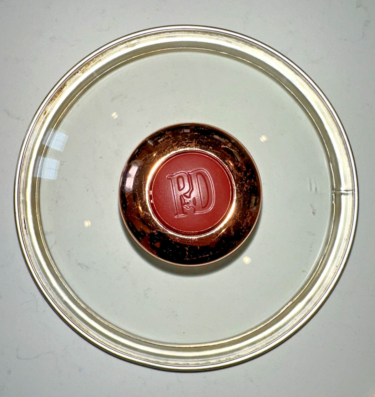 Paula Deen Glass Cookware Lid with Red & Copper Knob 6 in ID 6.25 in OD