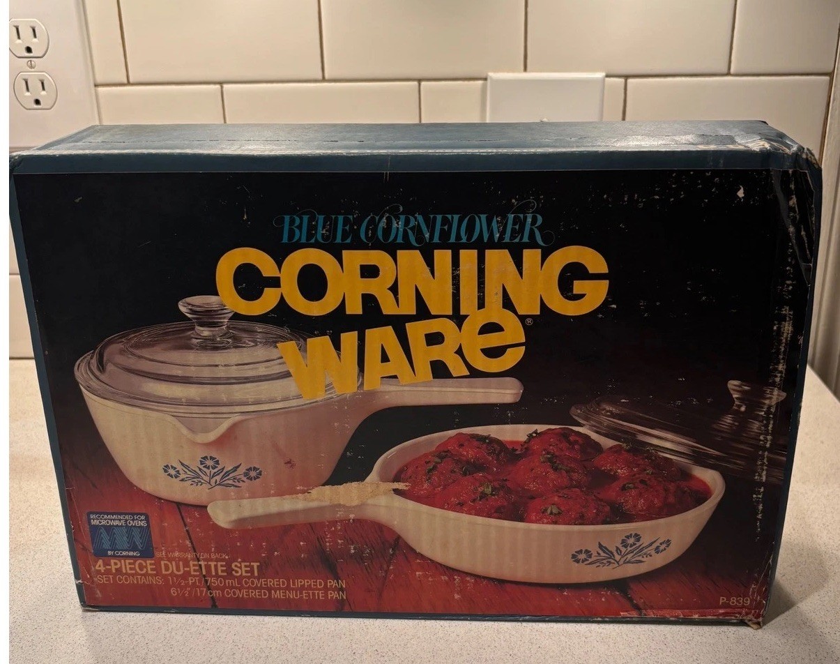 Corning Ware Blue Cornflower 4 Piece Du-Ette Set P-839 Vintage NIB Pyroceram