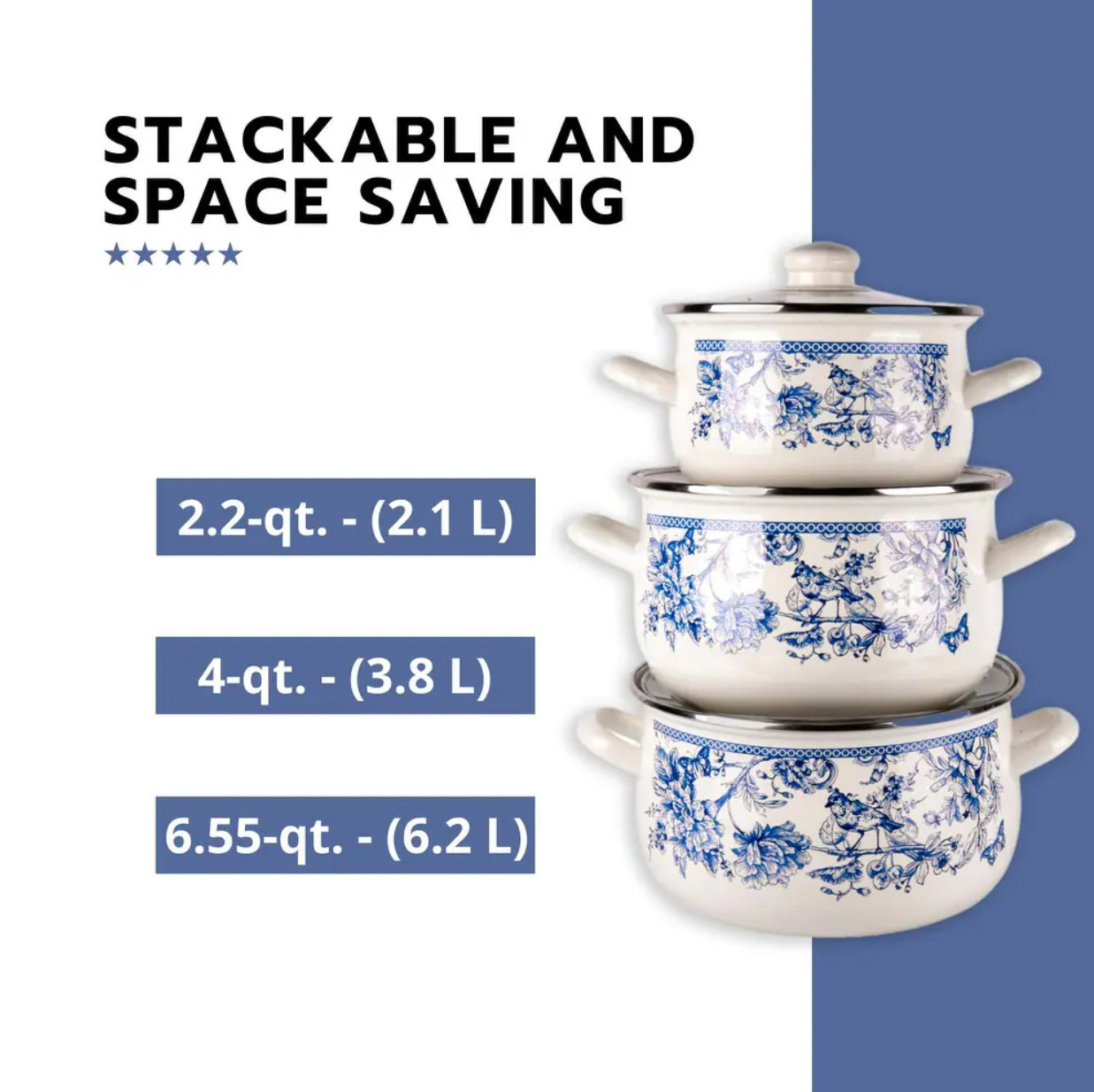 3 Pc Enamel Stock Pot Set with Glass Lids Induction Cookware Blue White