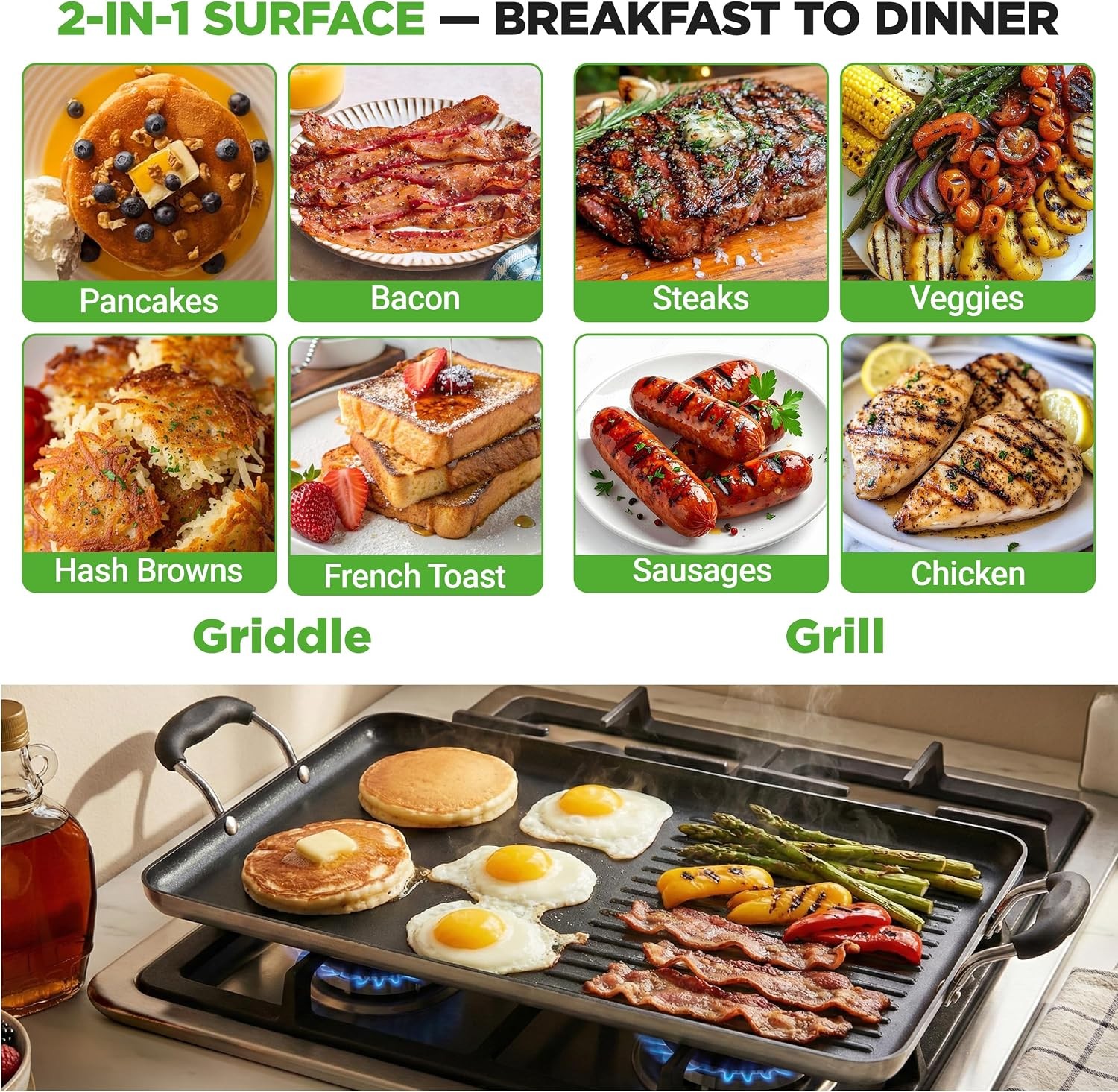 Large 24 Inch Double Burner Non Stick Griddle Skillet Dual Cooking Surfaces