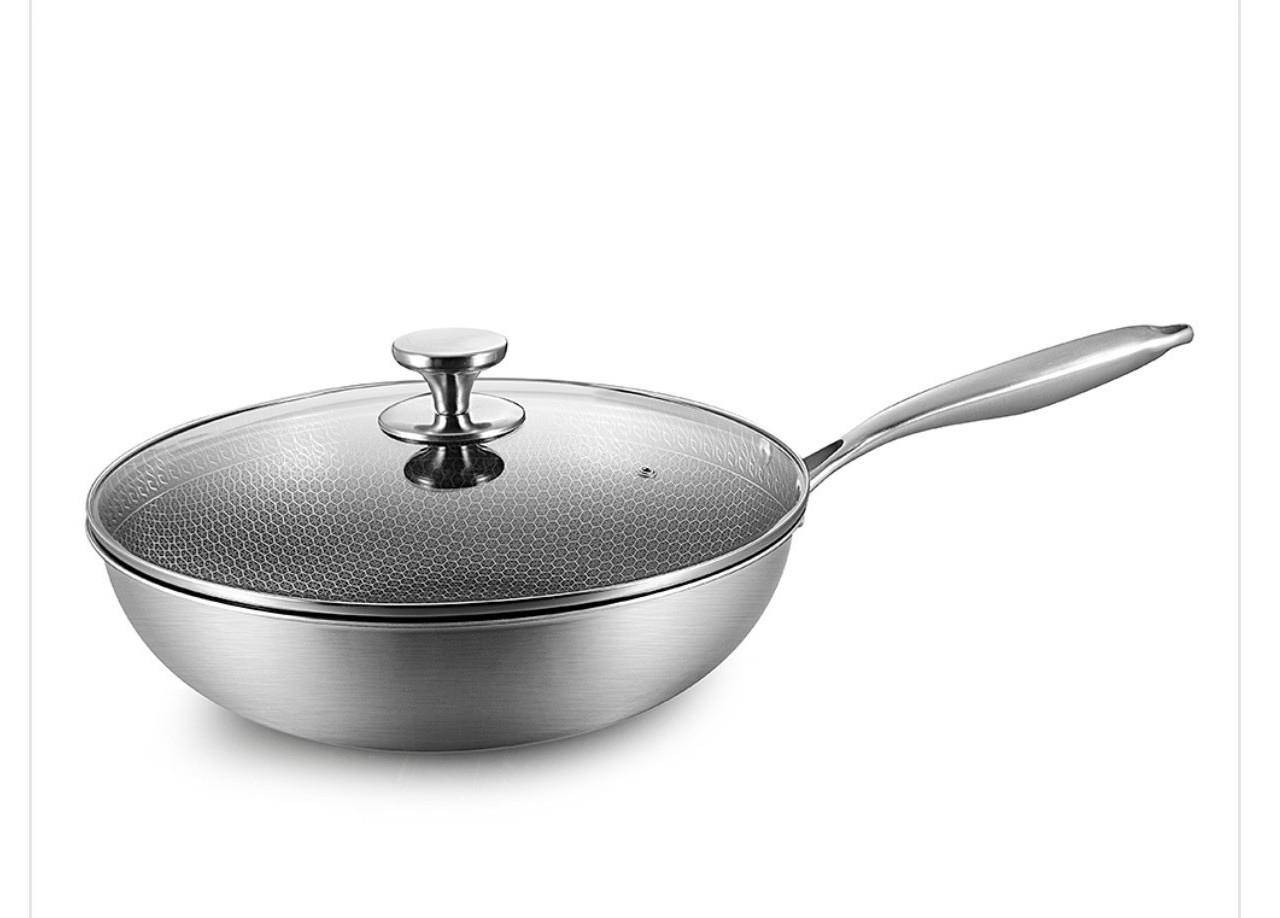 12 in Stainless Steel Wok Pan Silver w/ Lid 500°F Heat Resistant 5 in Deep