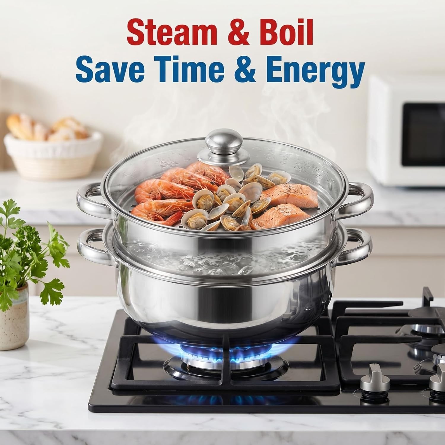 Steamer Pot With Lid 2 Tier, Multipurpose Stainless Steel Steaming Pot