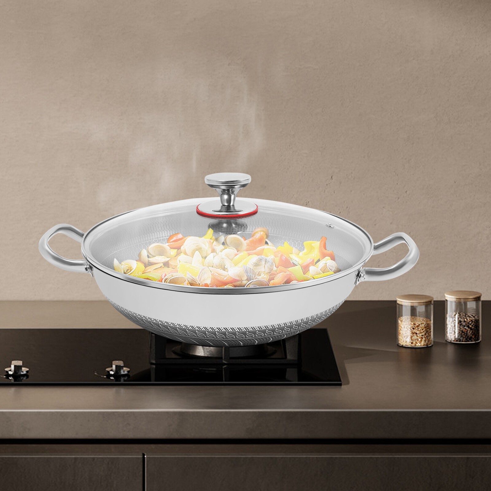 13.19in Non Stick Paella Pan Stainless Steel Frying/Cooking Pan Skillet With Lid
