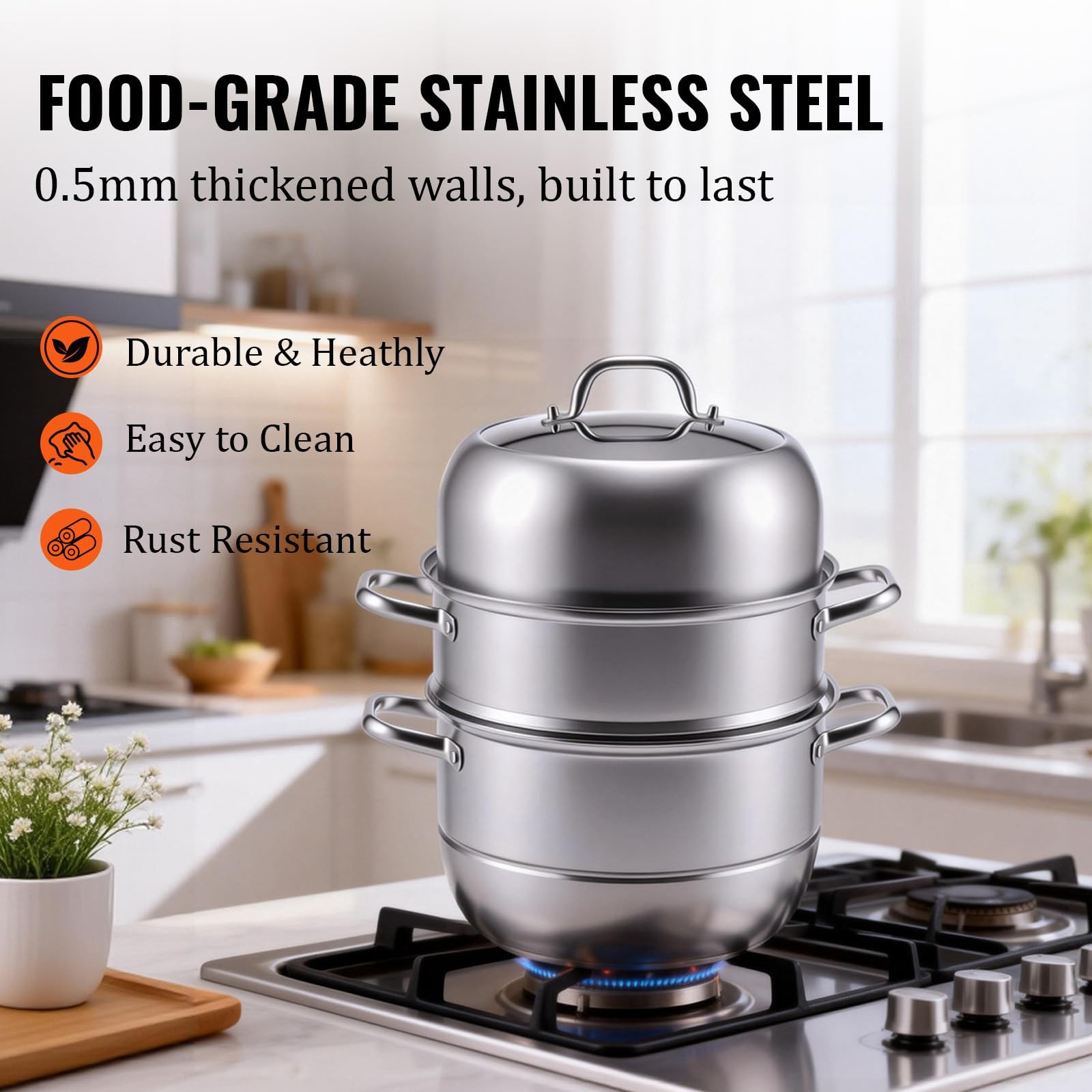 2-Tier Stainless Steel Induction Steamer Pot (30cm/11.8Inch) – Large Food Ste…