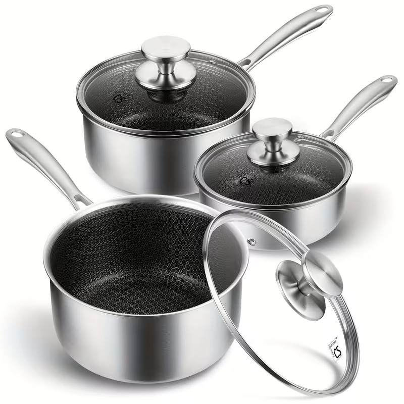 Hybrid Nonstick Stainless Steel Saucepan Set – 6-Piece Induction Ready Set