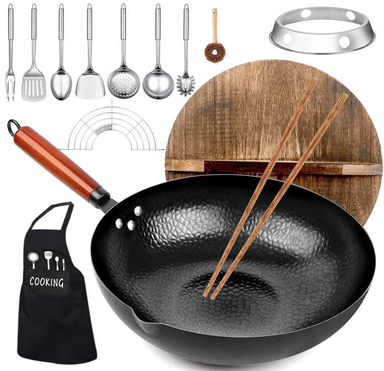Set wok acero carbono 14 piezas tapa madera 12.6” sin recubrimiento inducción