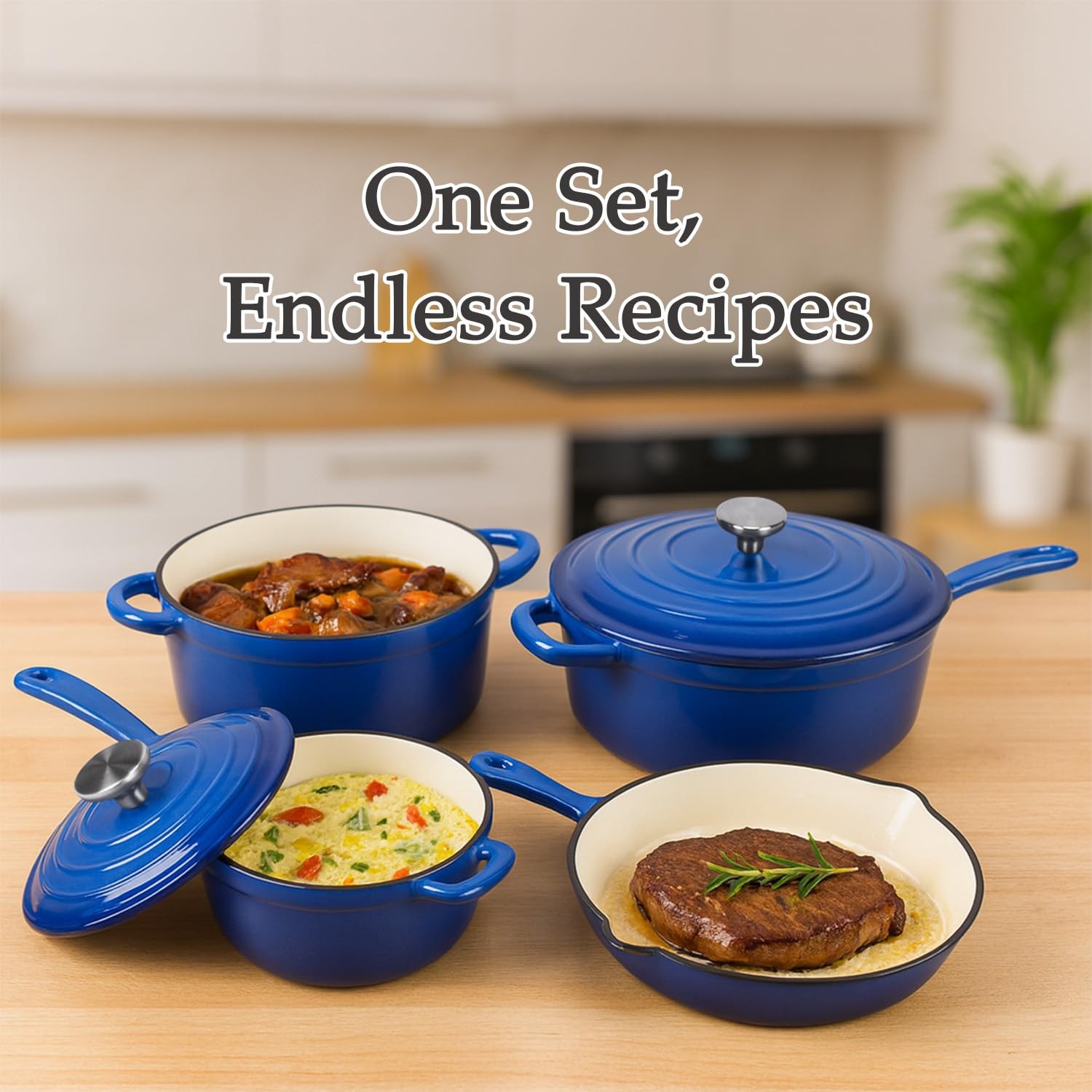 Enameled Cast Iron Cookware Set, 4-Pcs Oven Safe up to 500°F – Versatile Cooking