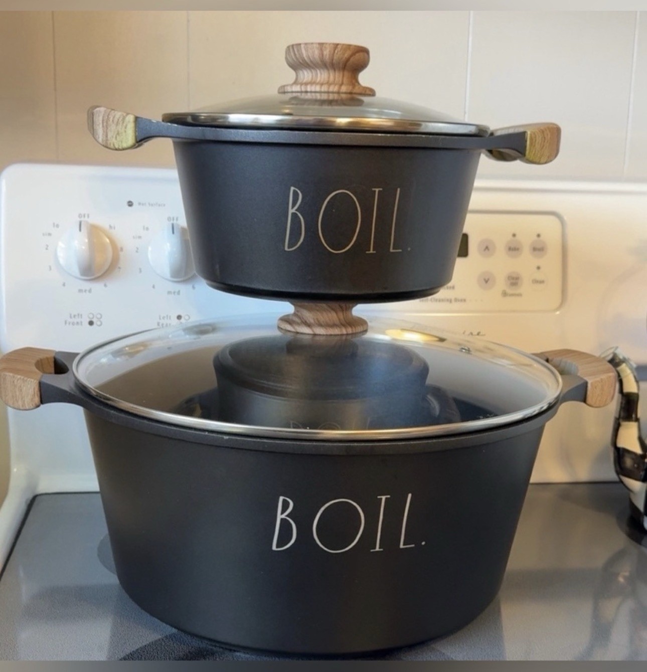 4PC BUNDLE Rae Dunn Large 10 QT. Black Kitchen Cooker Pot w/handles “BOIL” w/lid
