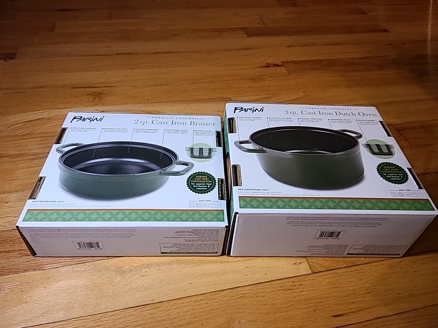 Parini 2 qt Cast Iron Braiser and 3 qt Cast Iron Dutch Oven New Sealed (No Lid)
