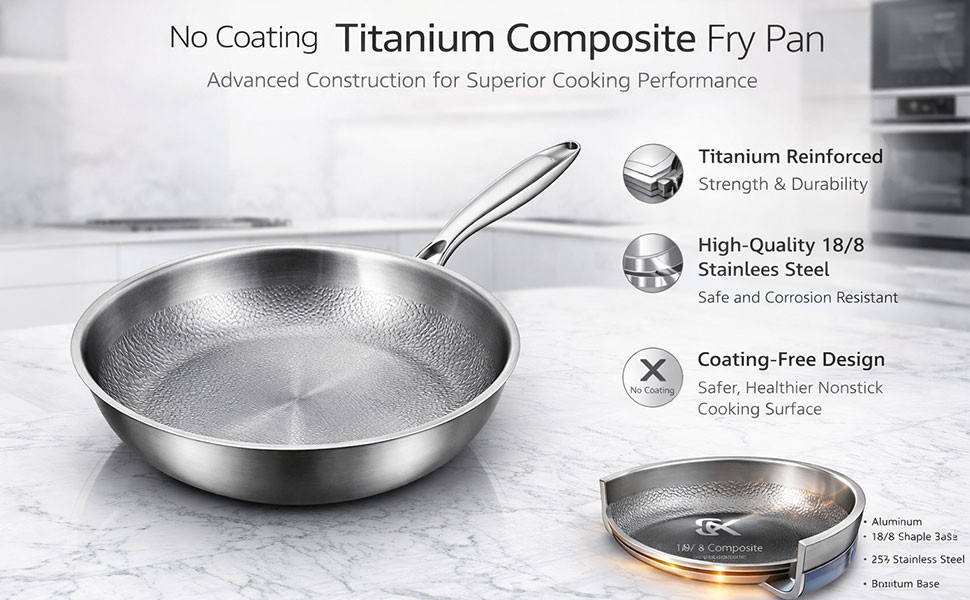 Pure Titanium Hammered Frying Pan with Lid, 12 Inch Skillet, No Coating