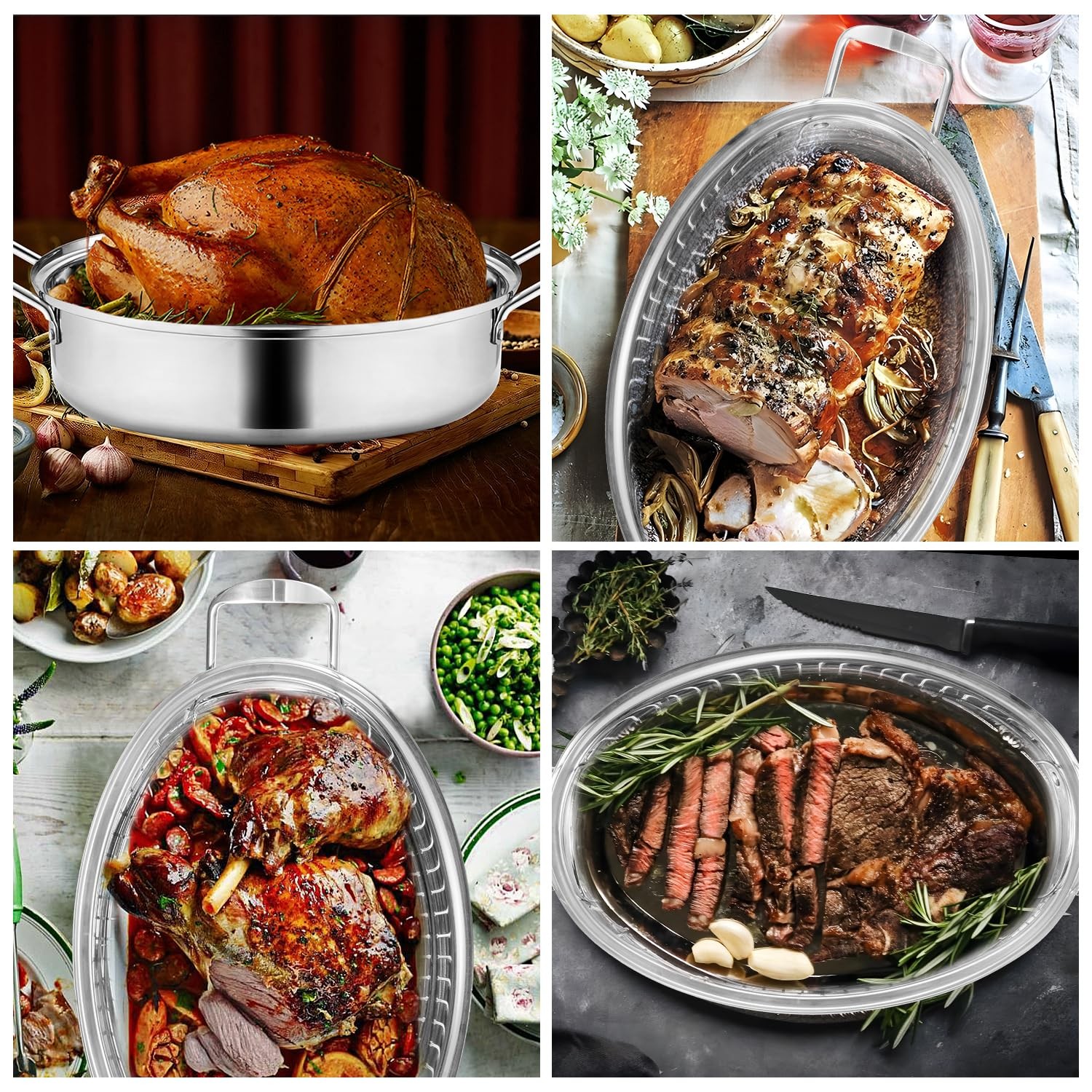RIDGEPOLE 22” Large Roasting Pan with Rack and Lid, Stainless 22″, Sliver