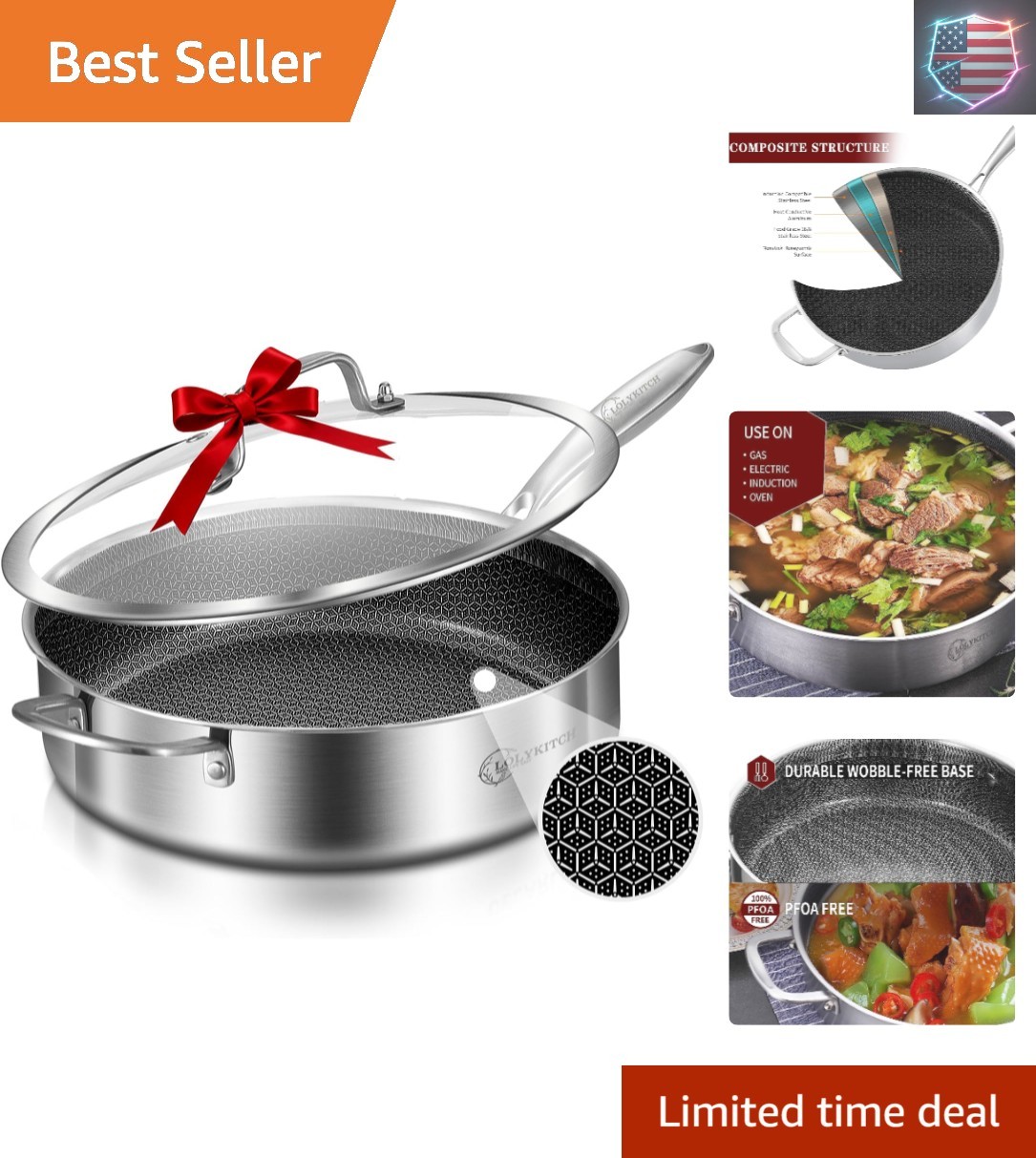 6 QT Hybrid Tri-Ply Stainless Steel Non-Stick Sauté Pan with Lid,12 Inch Deep…