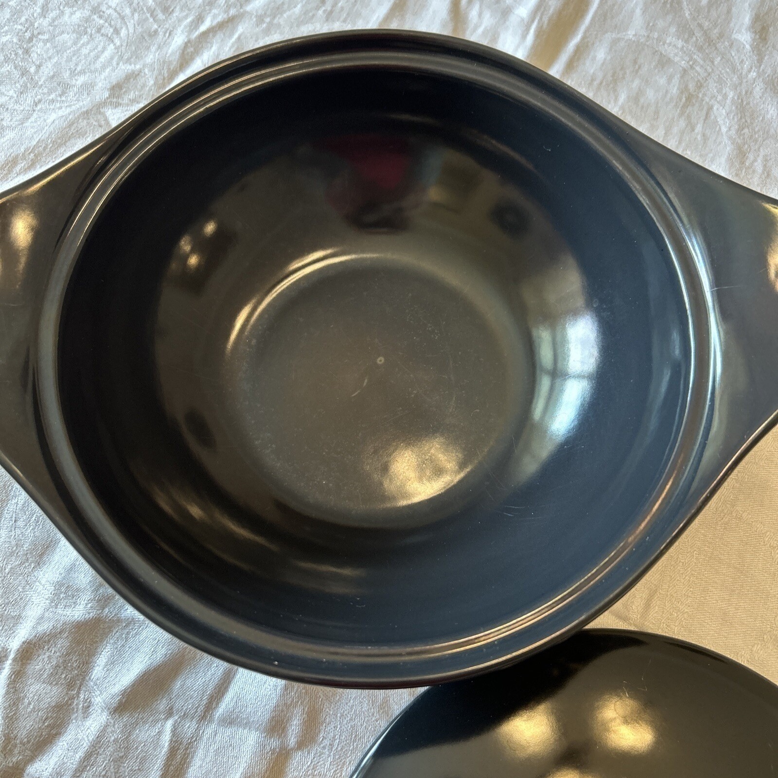 Monterey Pottery Casserole Dish OS Black Lidded Side Handles Retro Kitchen