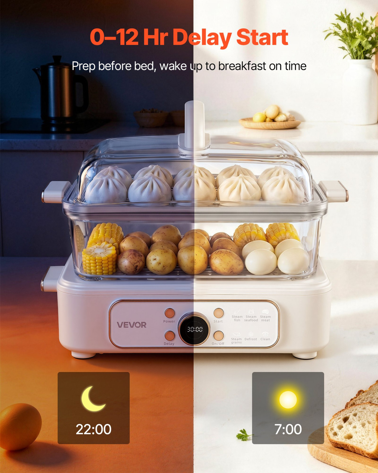 6.3QT Electric Food Steamer 2 Tier Stainless Trays 1200W White Cooker