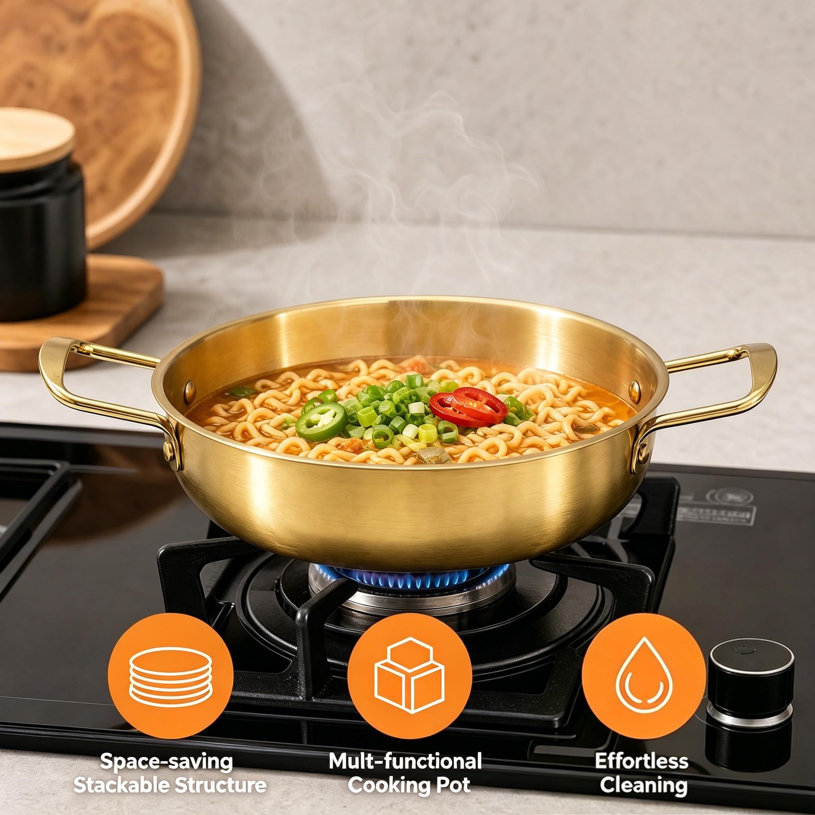 Okllen Set of 3 Korean Ramen Noodle 7″Dx2.4″H, 8.7″Dx2.3″H, 9.5″Dx2.5″H, Gold