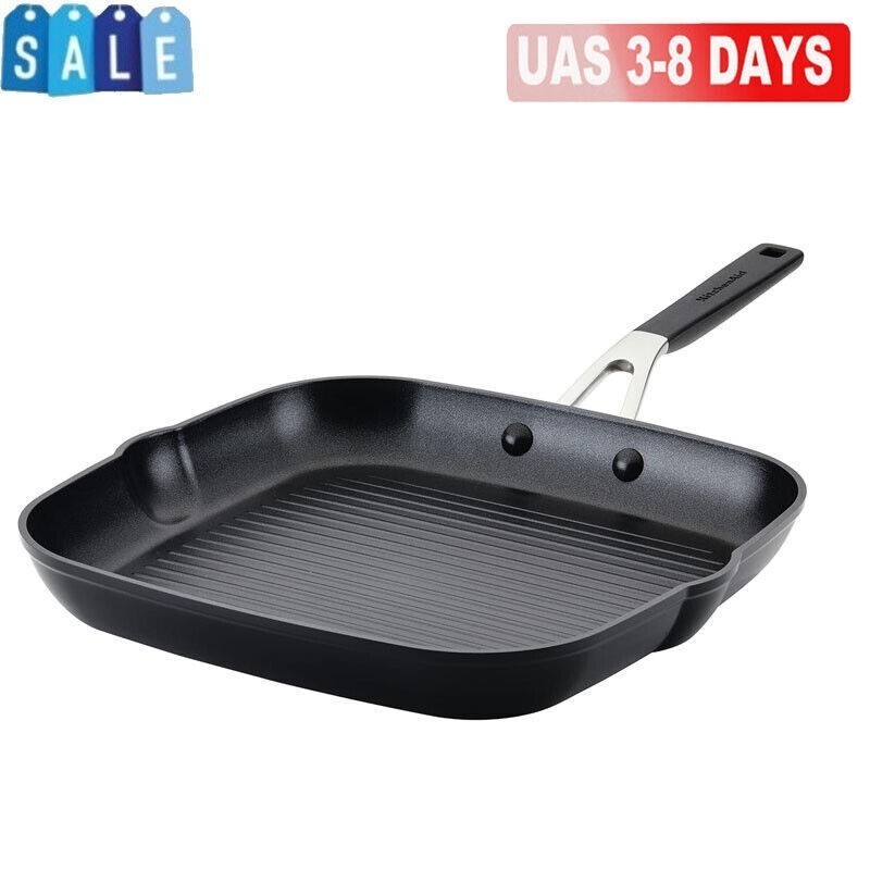 Hard Anodized Nonstick Square Grill Pan/Griddle with Pour Spouts 11.25 Inch