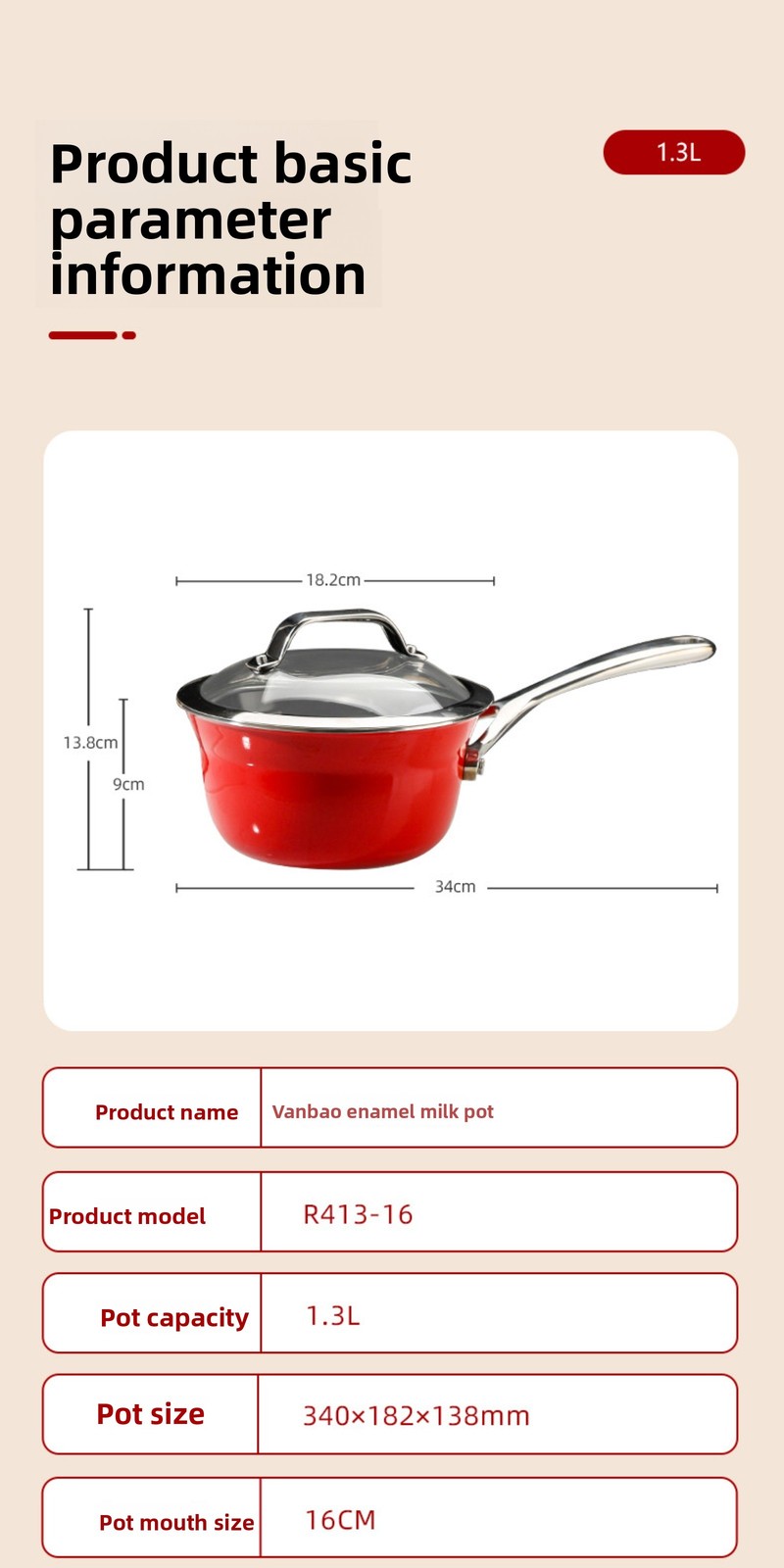 1.8L Wedel Enamel Single Handle Milk Pan with Glass Lid, All Stovetop Compatible