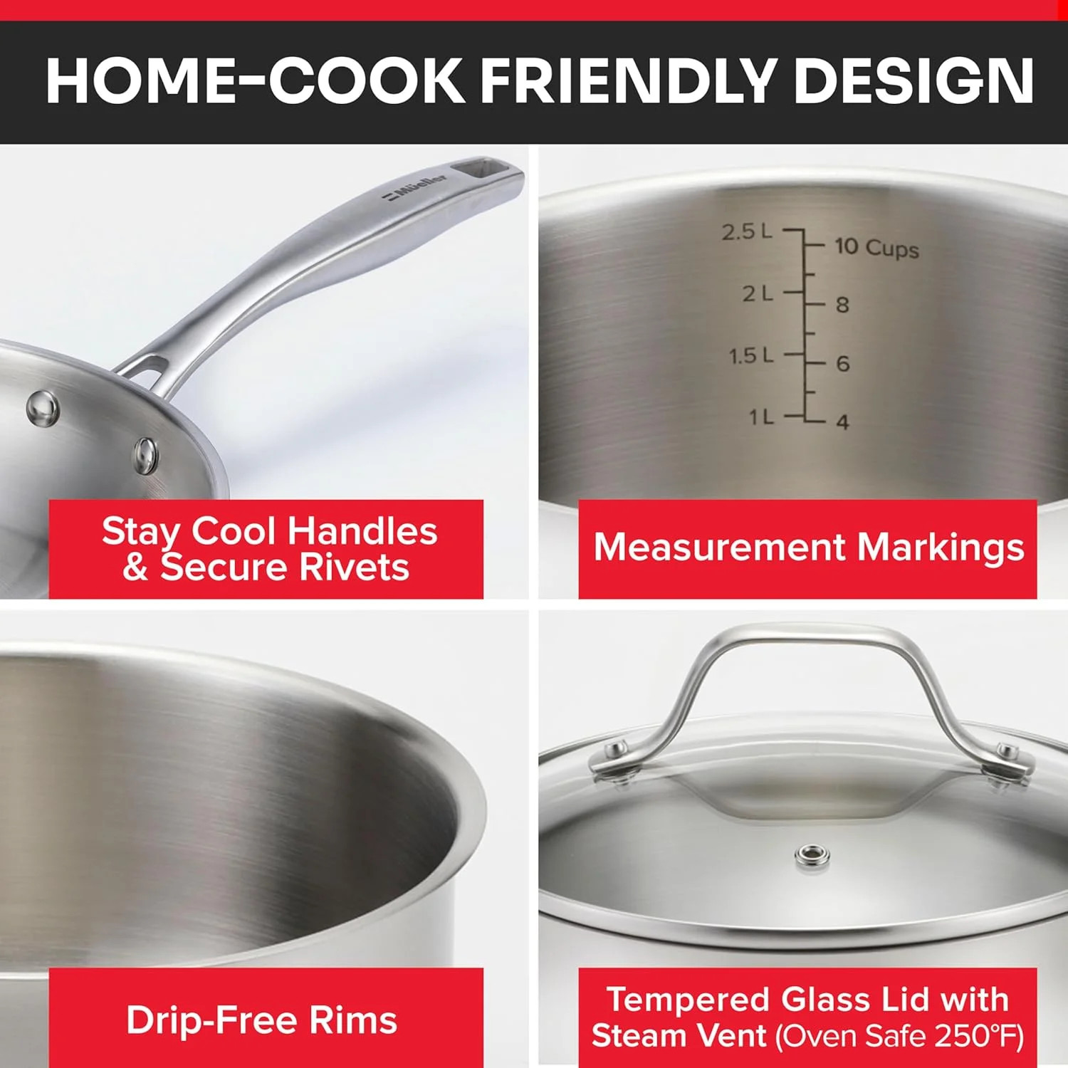 Mueller 17-Piece Stainless Steel Pots and Pans Set – Tri-Ply Ultra-Clad Pro Cook