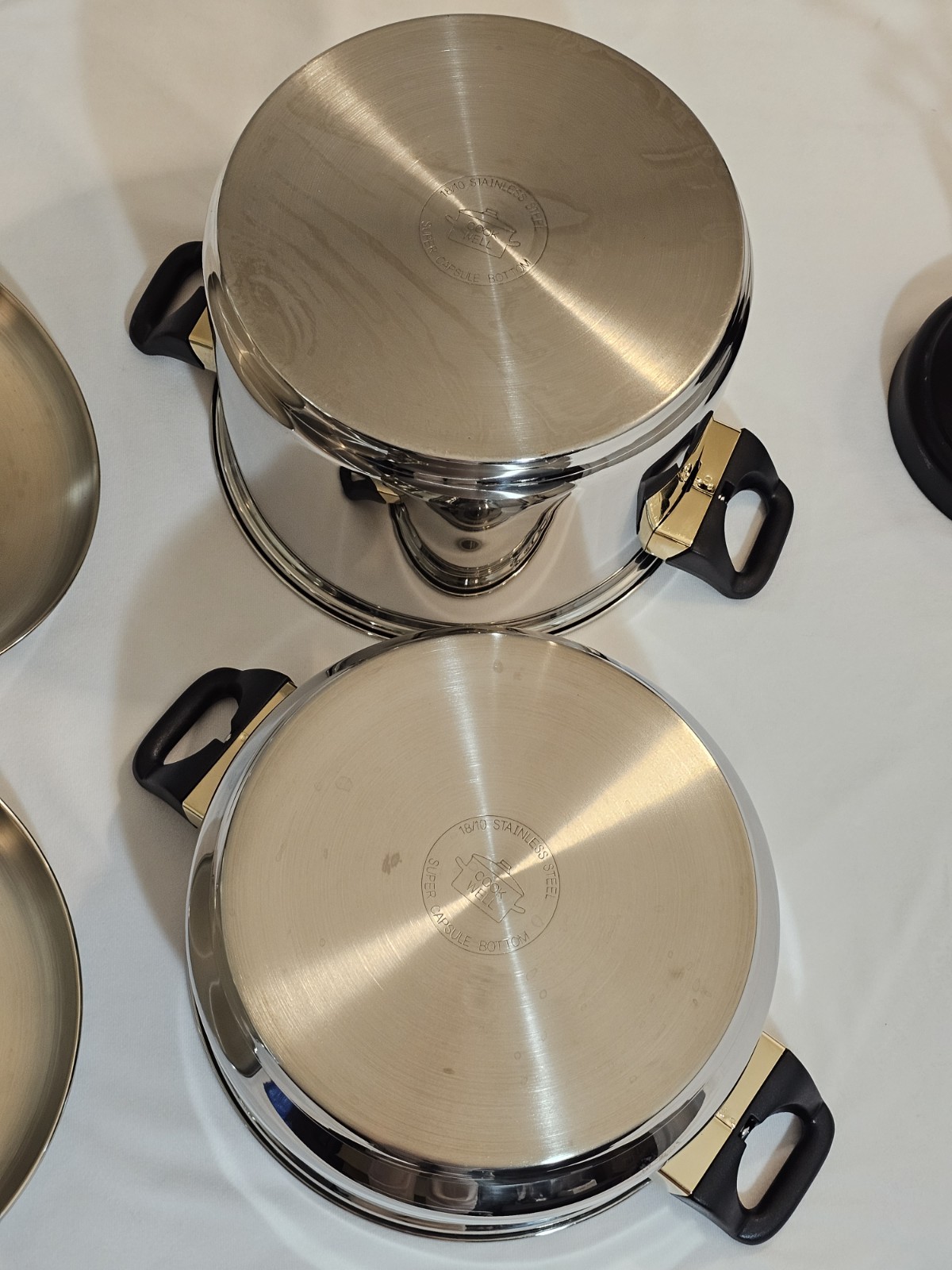 Vtg Cook Well High-quality Stainless Steel Pots & Pans W/Gold Plating -Set Of 11