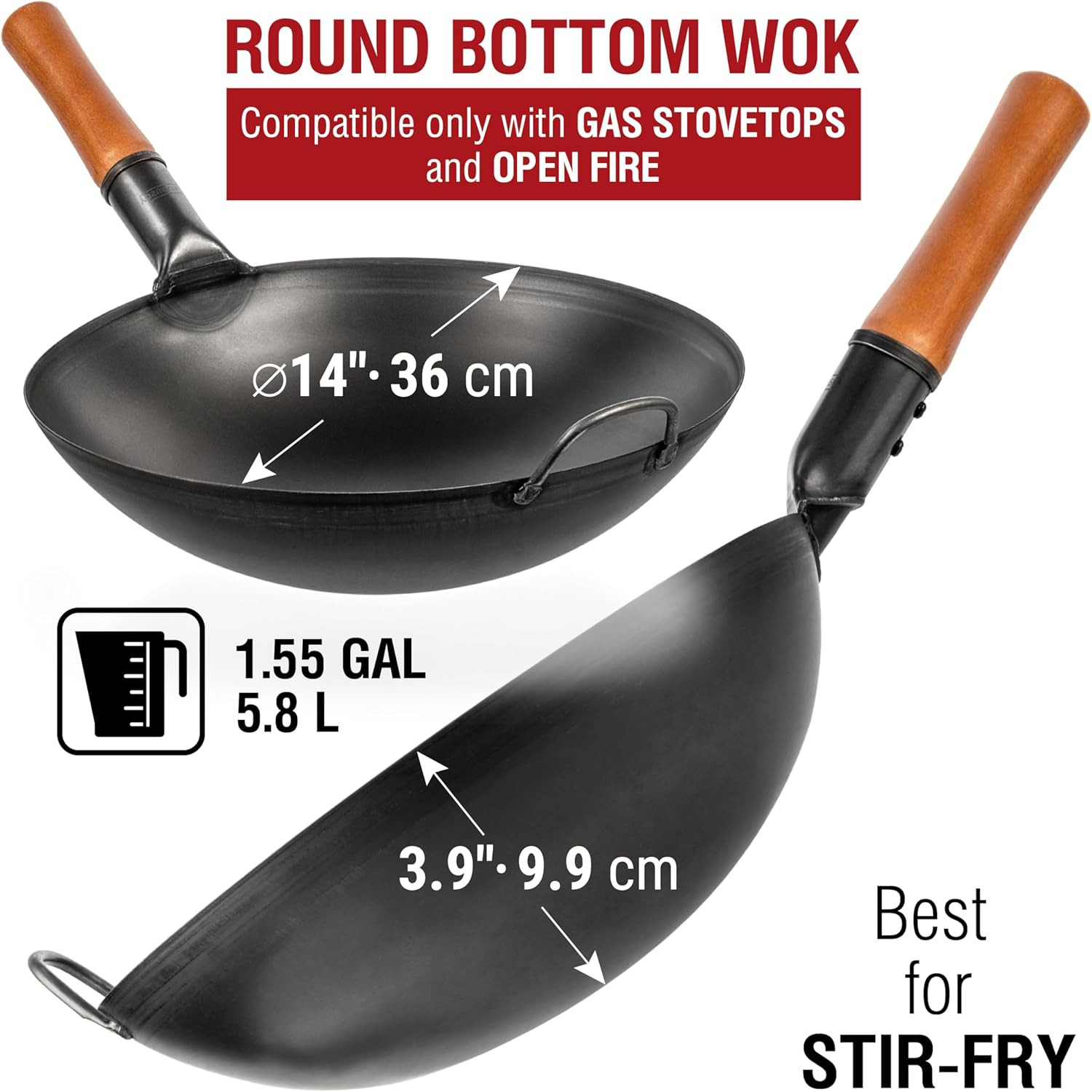 YOSUKATA 14″ Carbon Steel Wok with round Bottom – Pre-Seasoned Pow Wok for Stir