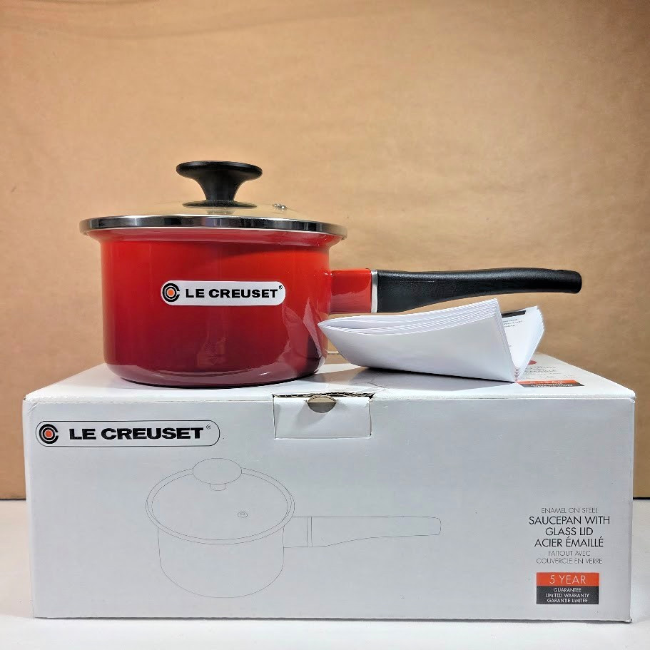 Le Creuset Traditional 1.5qt Enamel Over Steel Saucepan Cerise Red Glass Lid NIB