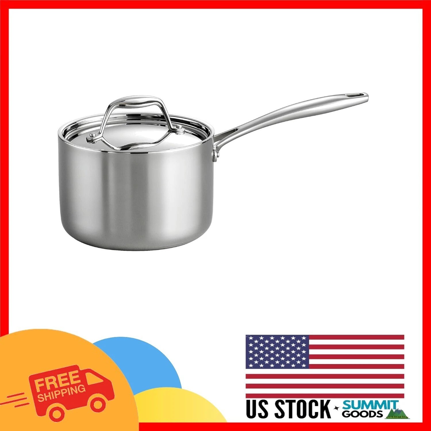 2-Quart Induction-Ready Stainless Steel Saucepan with Lid, Easy Clean