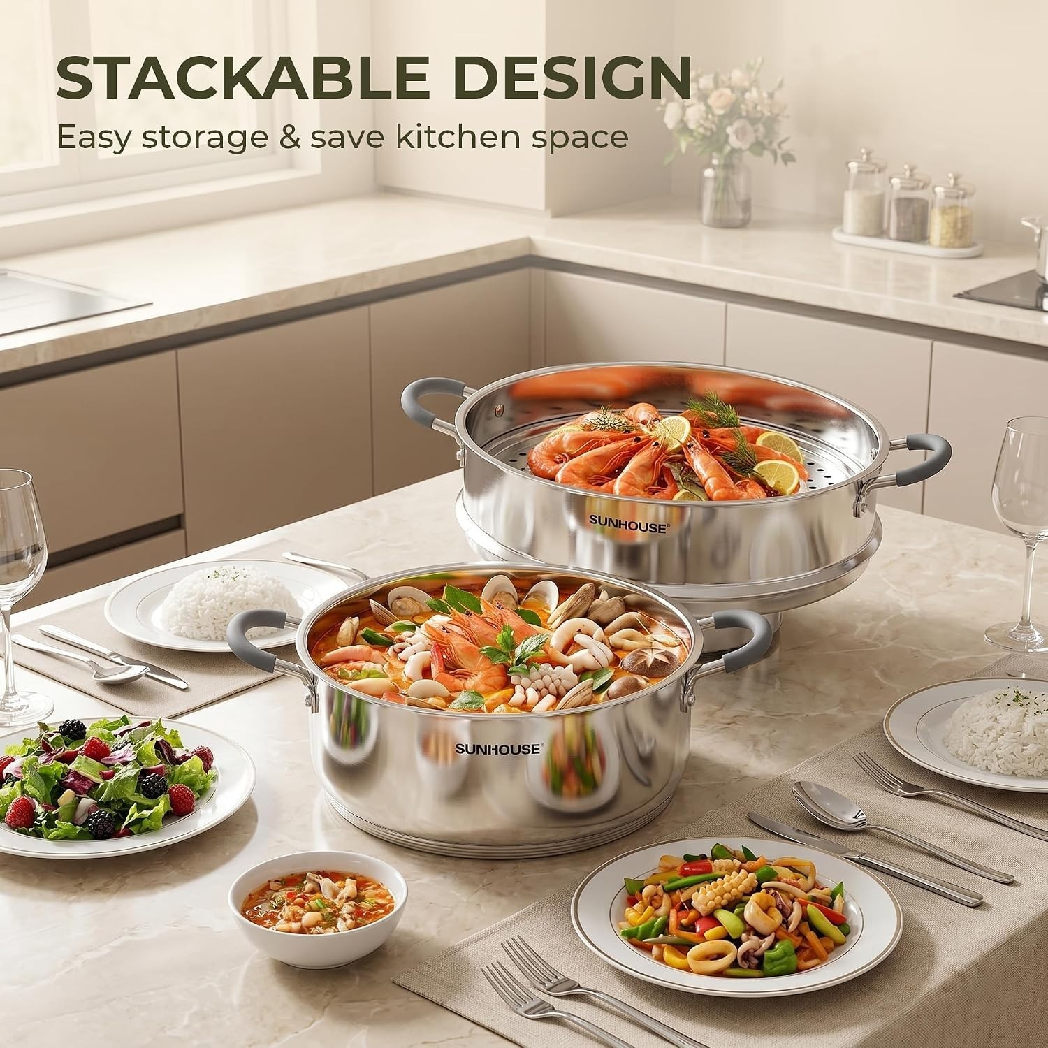 6.3Qt Stainless Steel Steamer Pot 2 Tier w/Glass Lid Induction