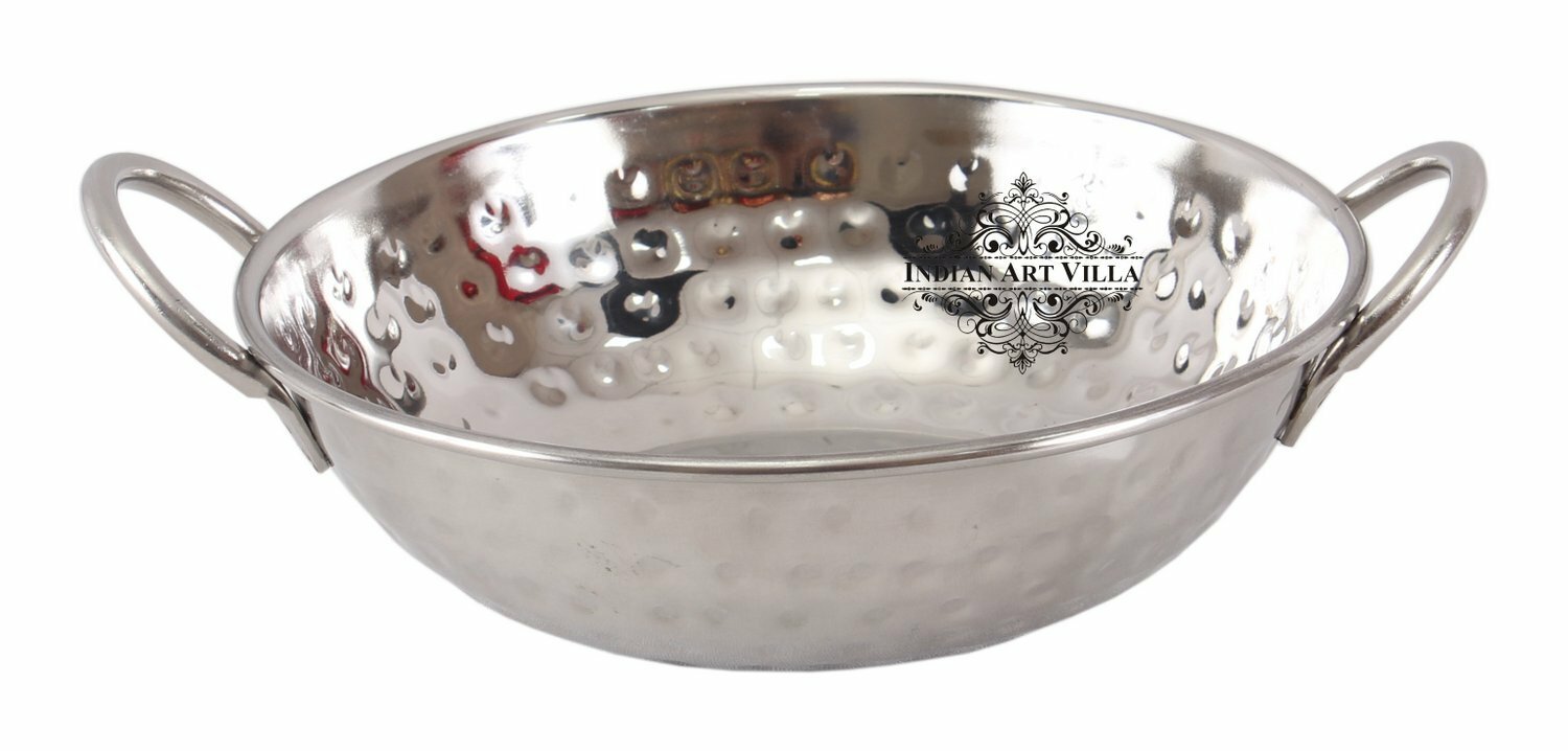 Hammered Stainless Steel Handmade Kadai Wok Bowl, Serveware Tableware, 675 ML