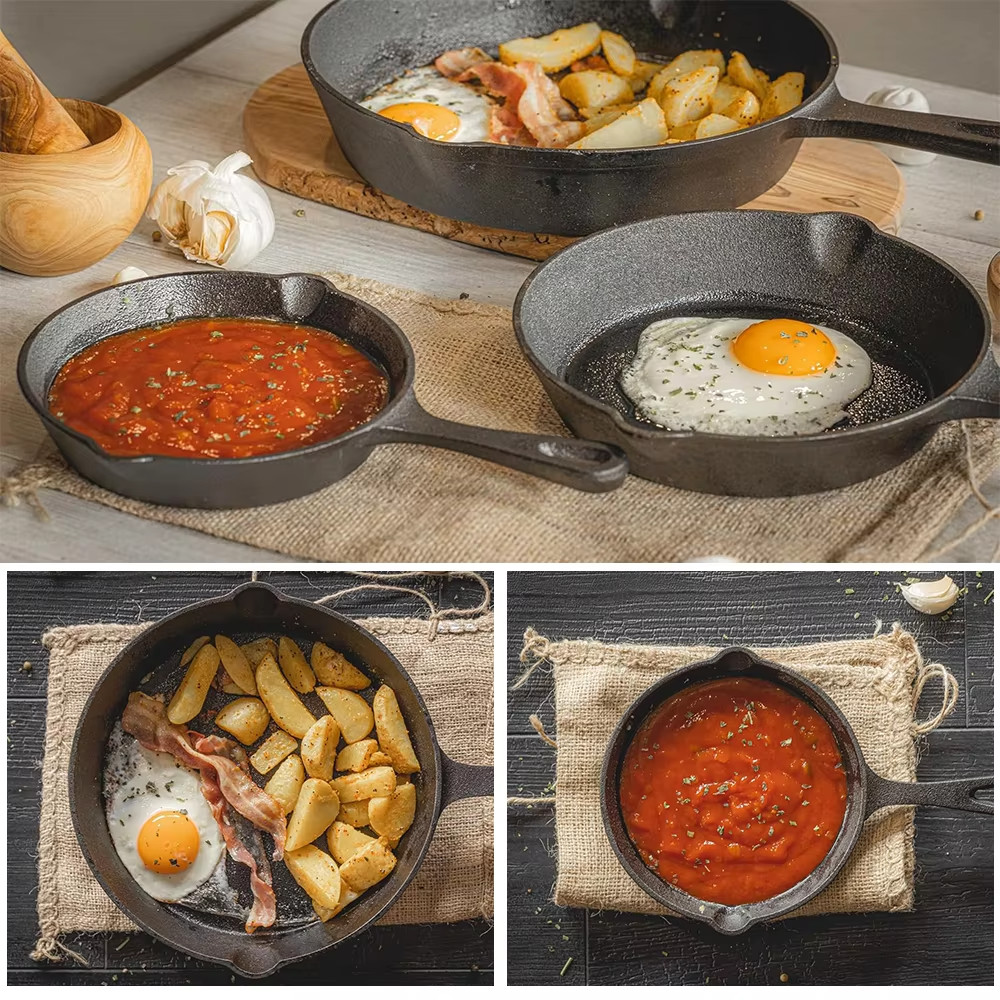 Frying Pan Set Uncoated Non Stick Omelette Cooking Pans 3pc Cast Iron Butter Egg