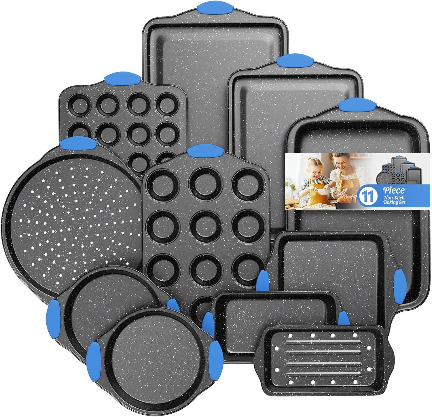 Premium 11-Piece Nonstick Baking Set with Cool-Touch Handles – Black & Blue