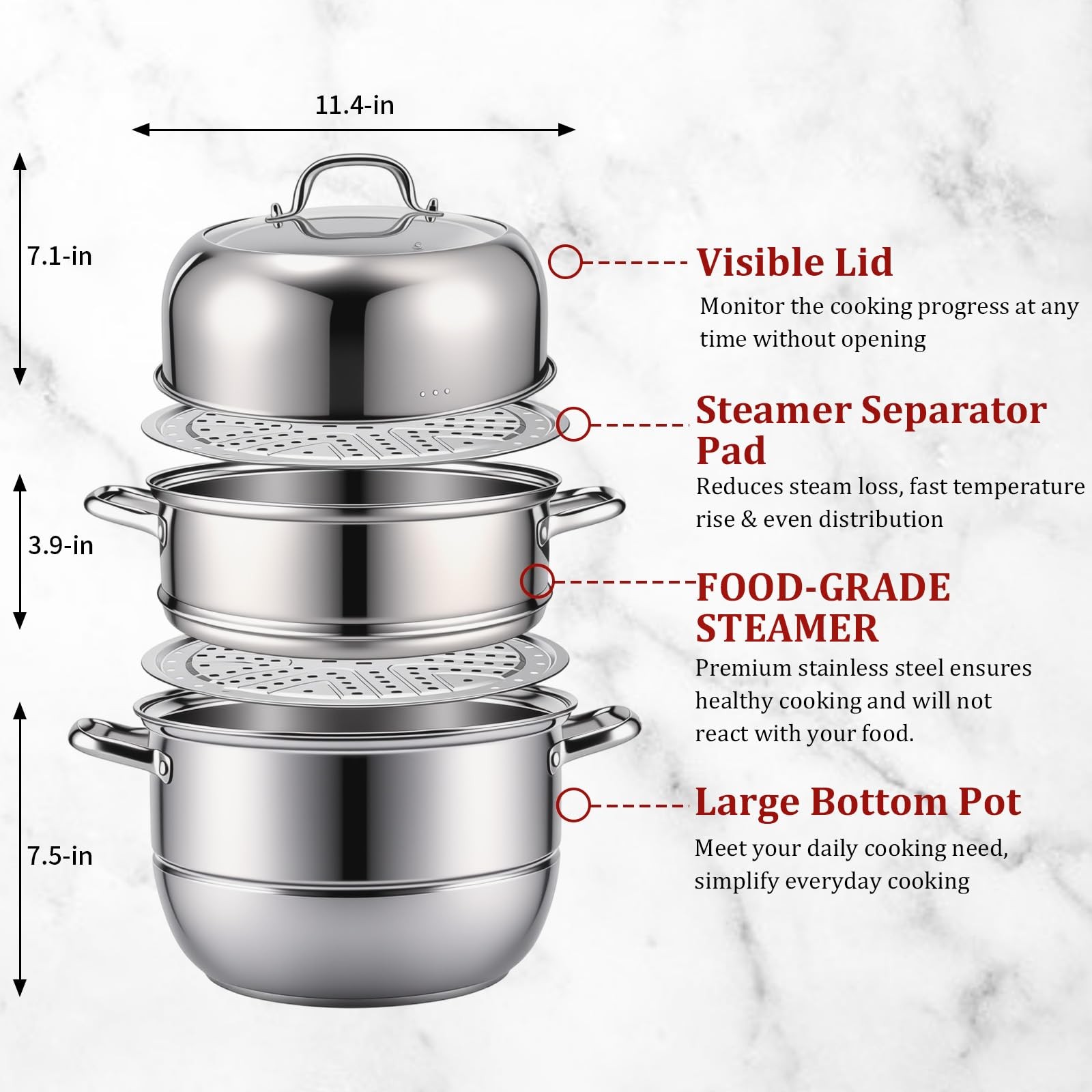 2-Tier Stainless Steel Induction Steamer Pot (30cm/11.8Inch) – Large Food Ste…