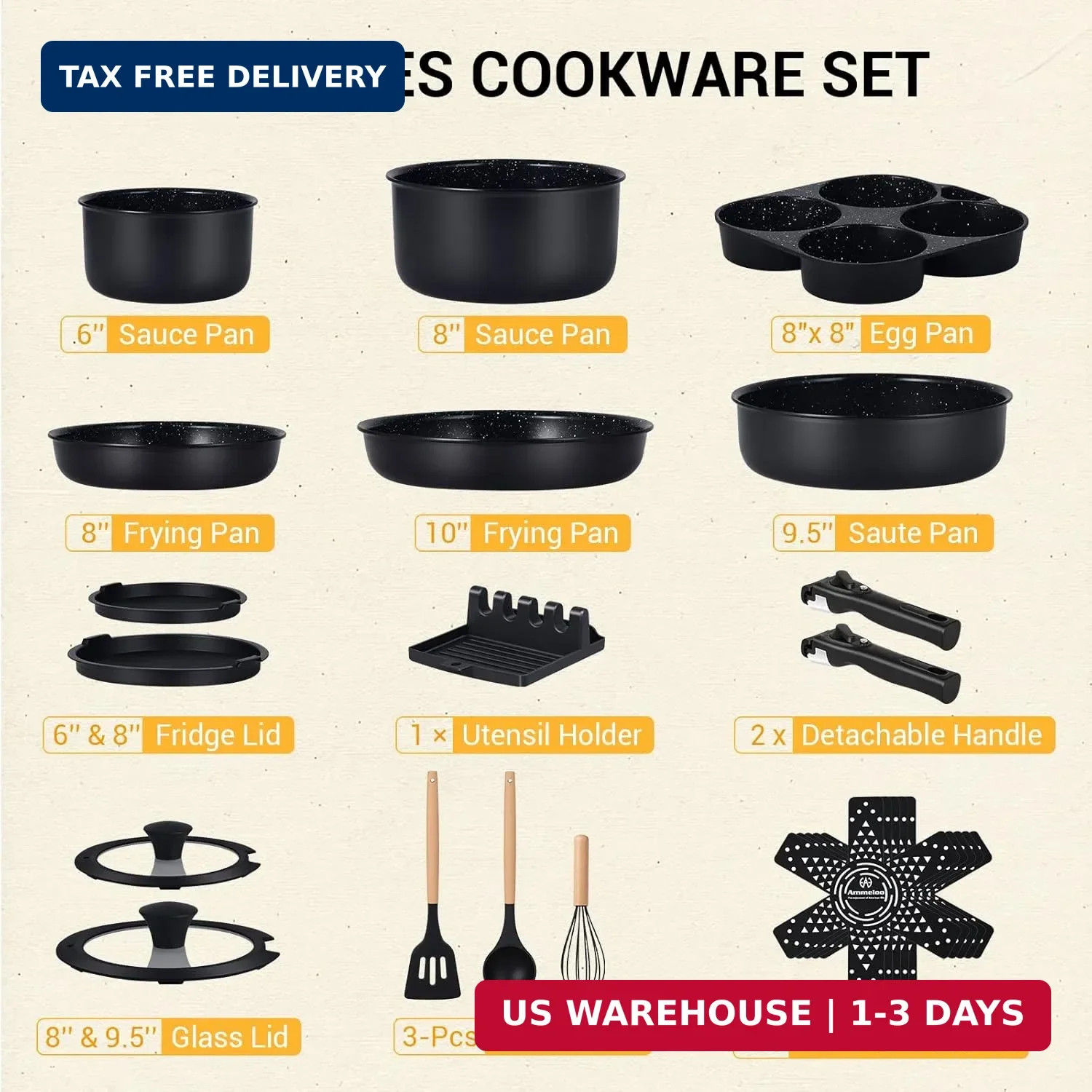 Ammeloo 21-Piece Ceramic Pots and Pans Set Non Stick with Detachable Handles and
