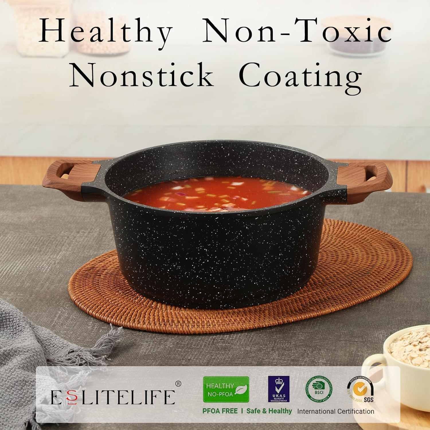 ESLITE LIFE Nonstick Stock Pot with Lid, 5 Quart Granite Casserole Large Soup Po
