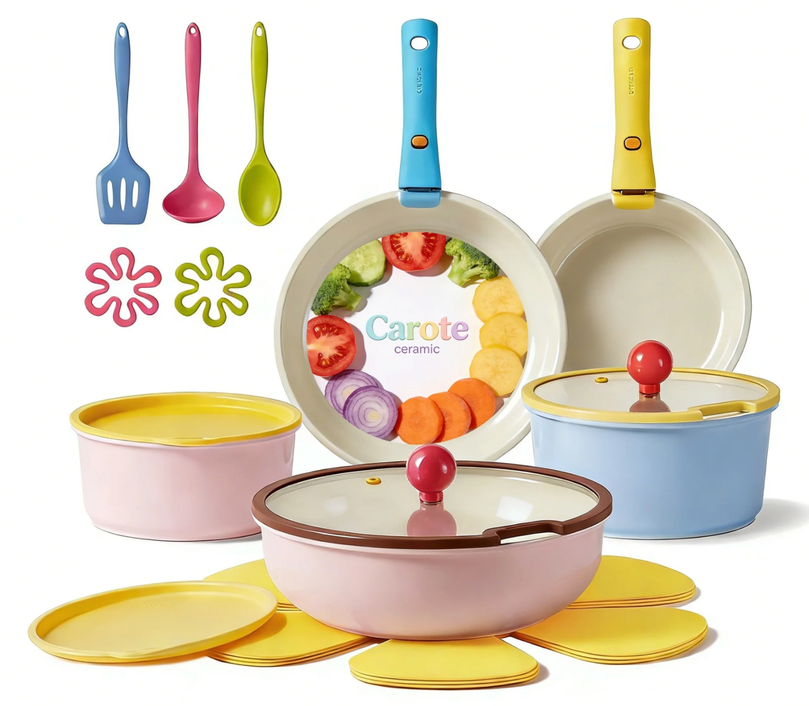 20pc Ceramic Nonstick Cookware Set, Detachable Handles, Limited Edition Colorful