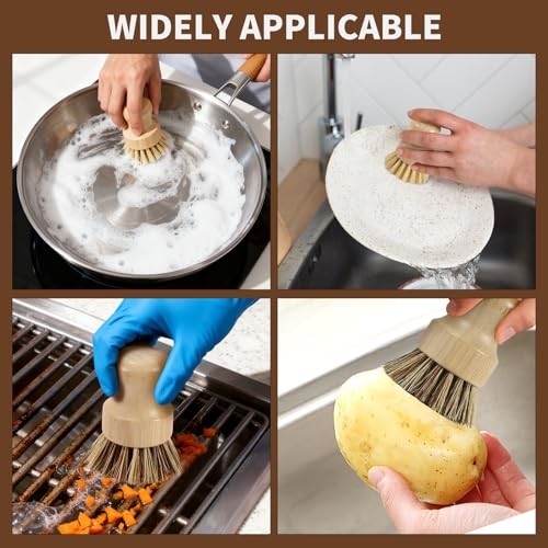 SAMEBUETCO 6-Piece Bamboo Dish Brush Set with 2 Stainless Steel Drying Racks,
