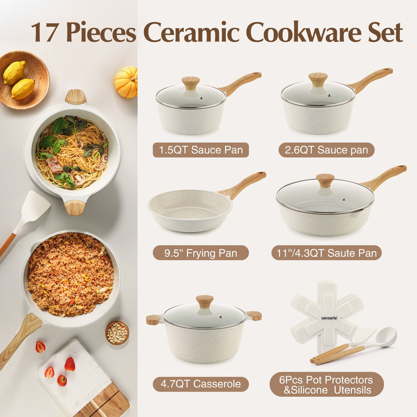 17 Pcs Ceramic Non-Stick Healthy Pots and Pans Cookware Set Toxic Free All Stove