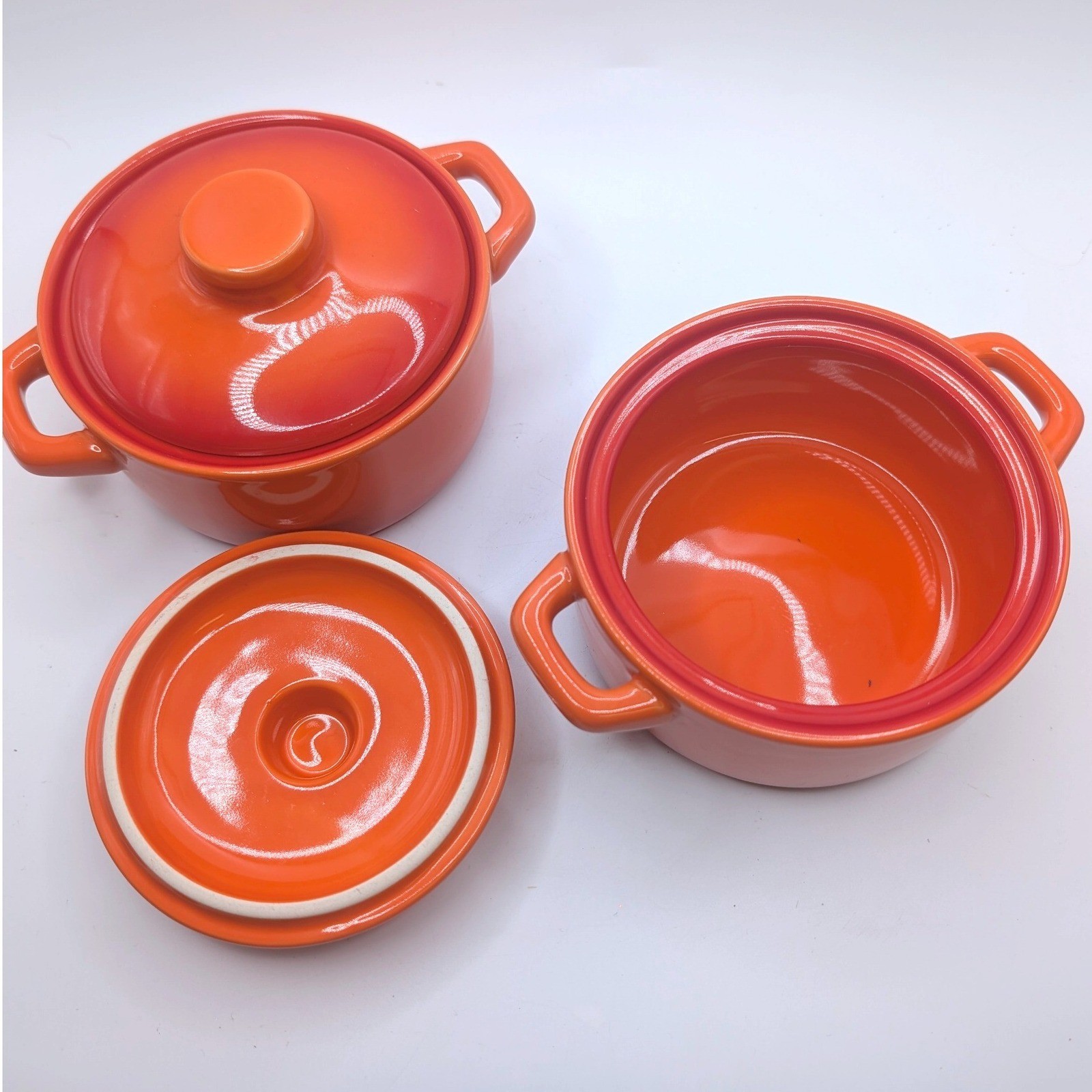 Set 2 Kiln by FOH Mini Cocotte Casserole Dishes Orange Ombre Flame Stoneware 4in