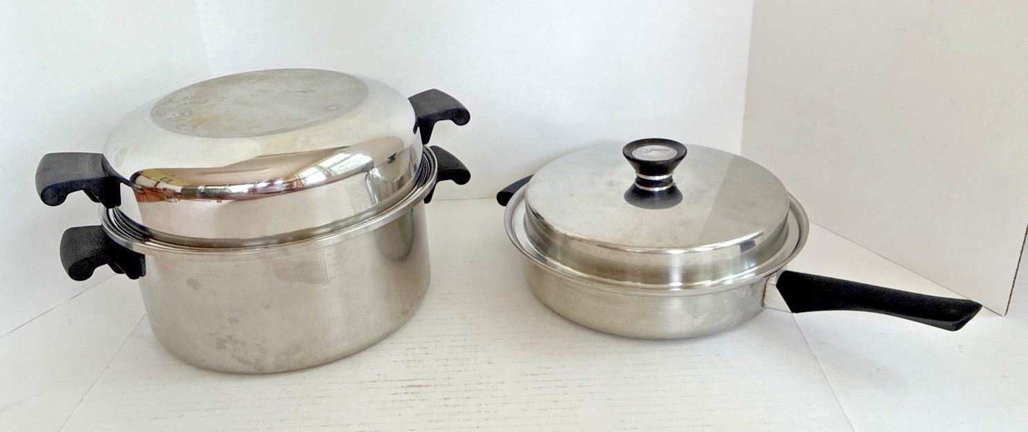 5 PC Amway QUEEN 18 8 SS Multi Ply 6qt Stock Pot Dome 11″ Fry Pan Lid Egg Insert
