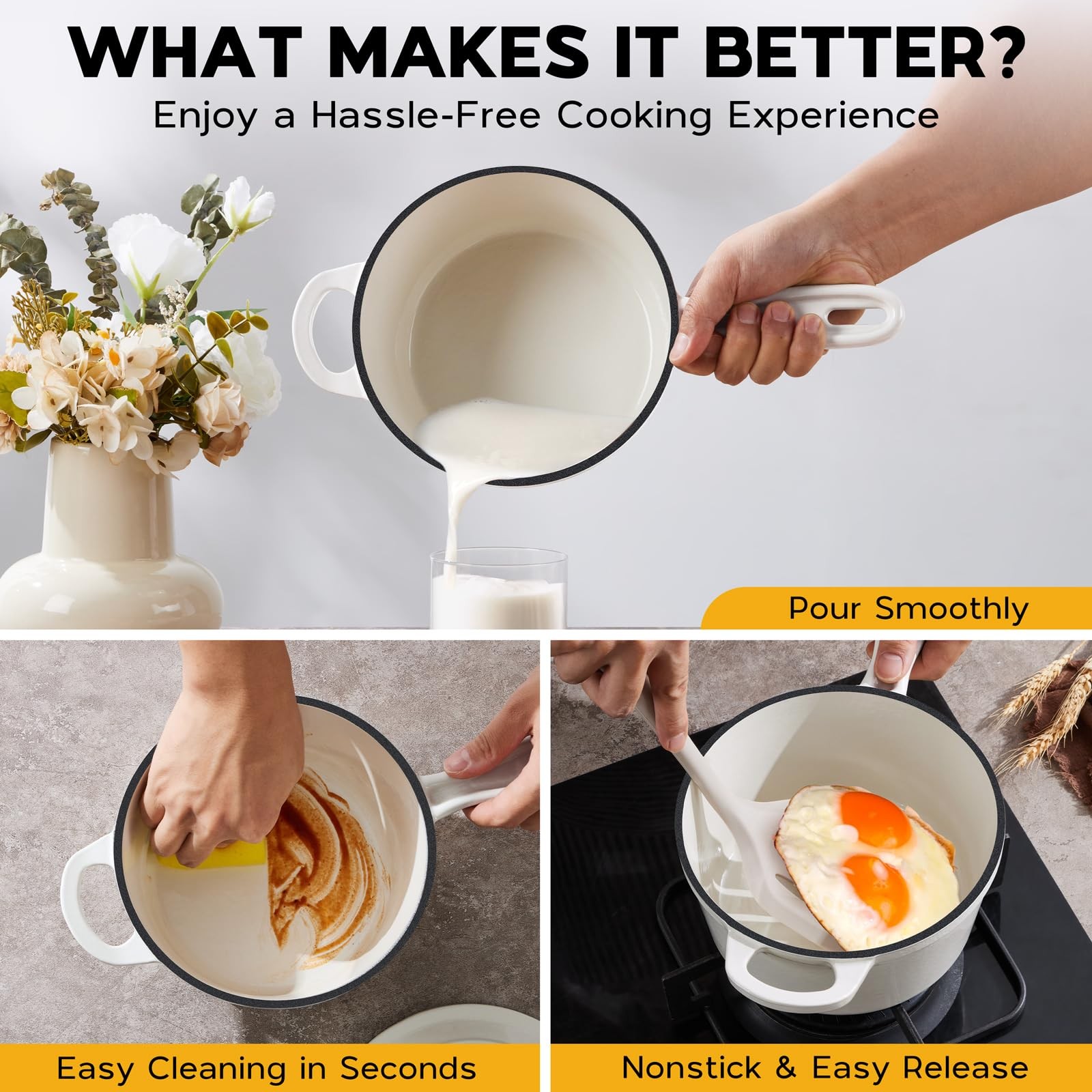 1 QT White Enameled Cast Iron Sauce Pan Dutch Oven Pot With Lid Nonstick