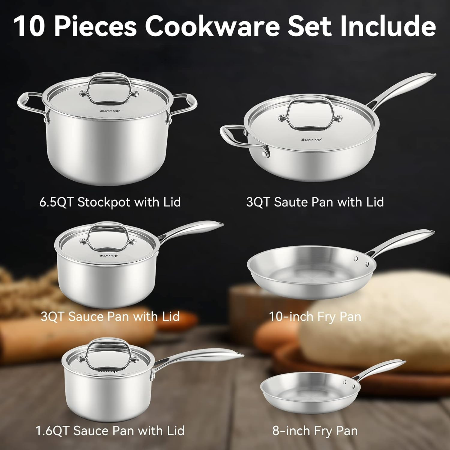 Whole-Clad Tri-Ply Stainless Steel Induction Cookware Set, 10PC Kitchen Pots and