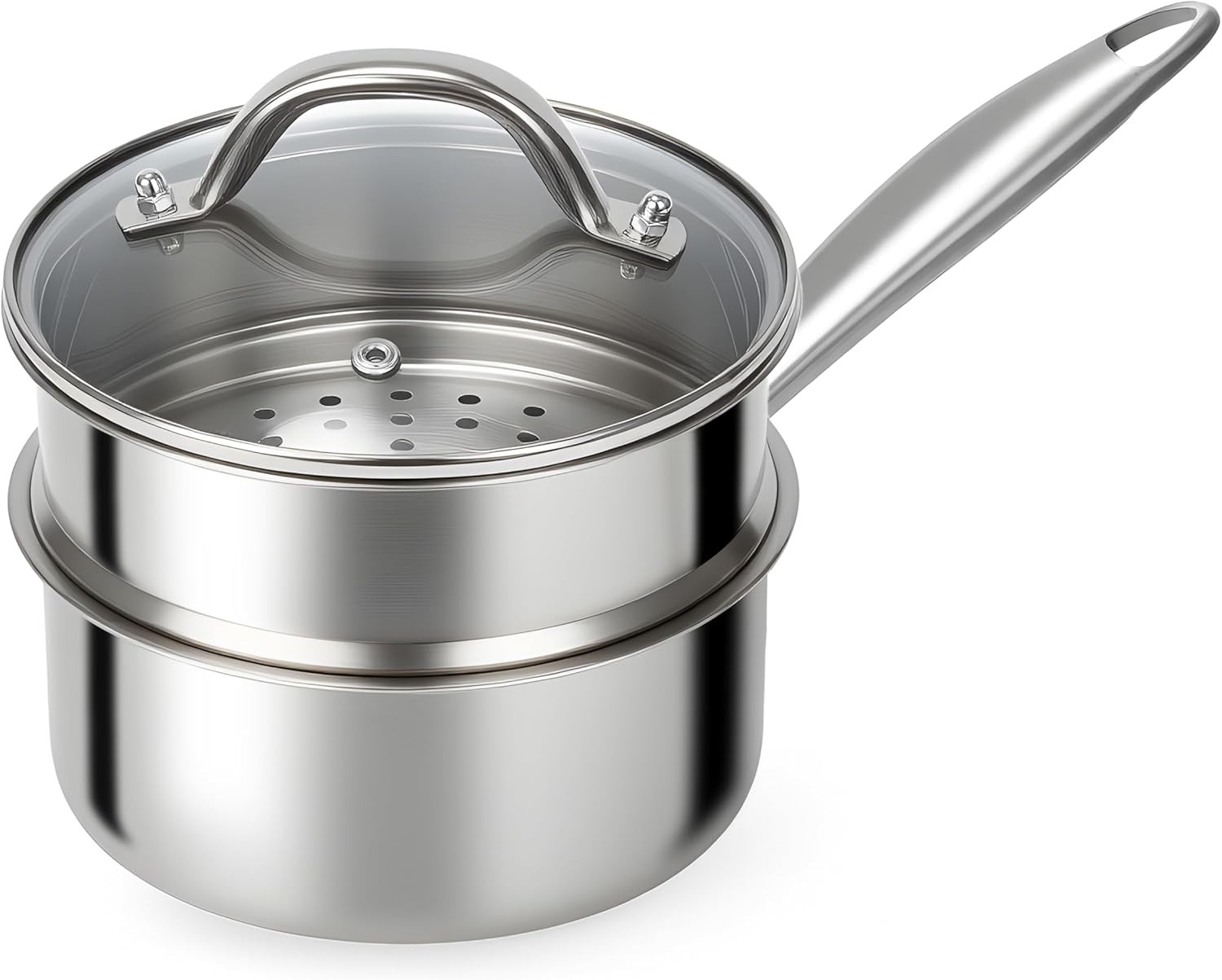 Stainless Steel Sauce Pan -Tri-Ply1.5 Quarts Steamer for Cooking,Small Cooking
