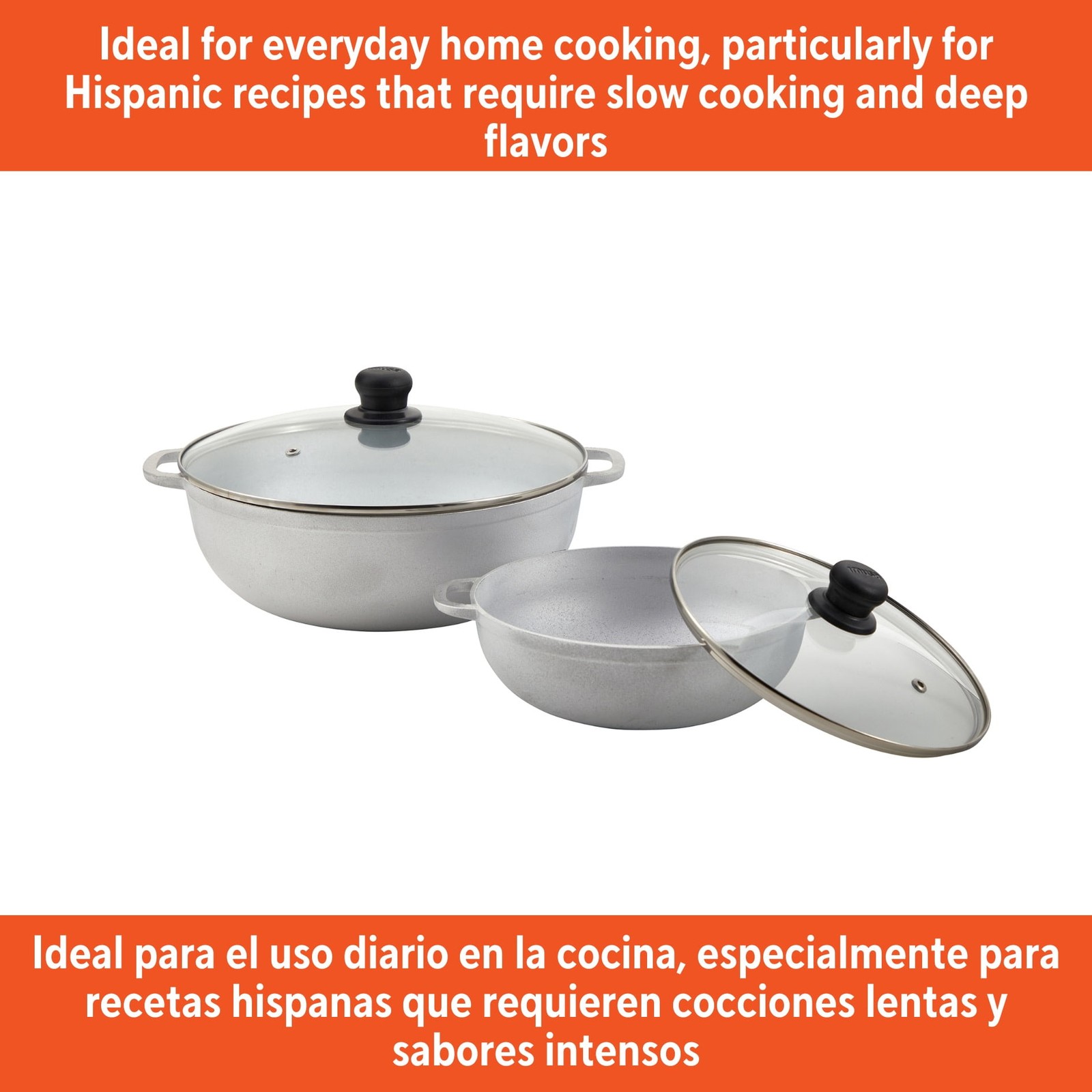 2.5/7.0qt Cast Aluminum Caldero 2pc Set W/ Glass lid 22/30cm