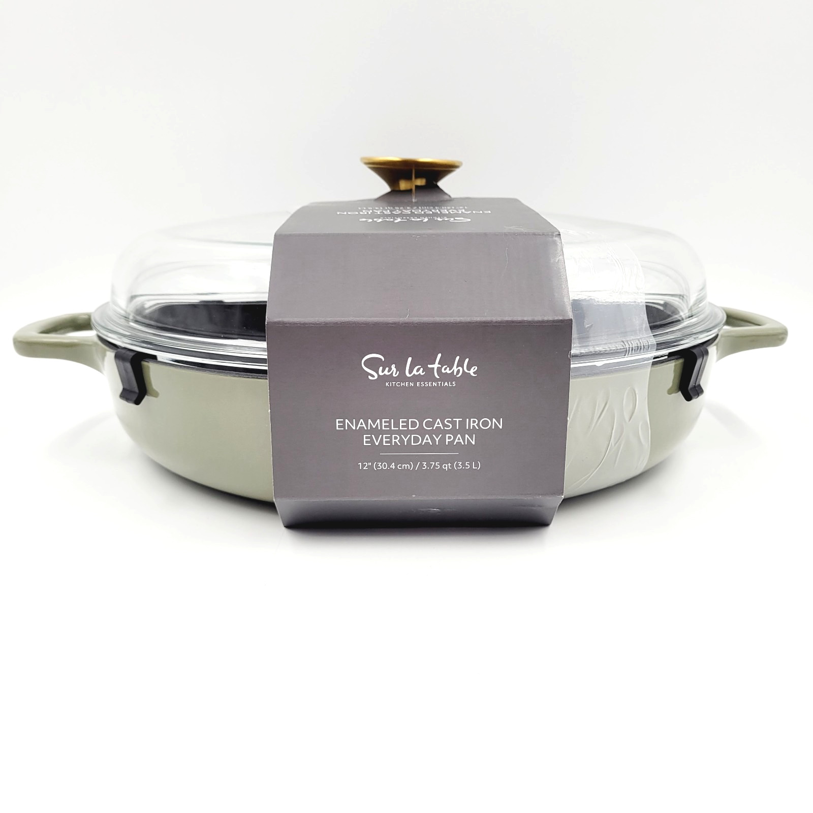 Sur La Table Enameled Cast Iron Dutch Oven Braiser 3.75qt. Glass Lid Army Green