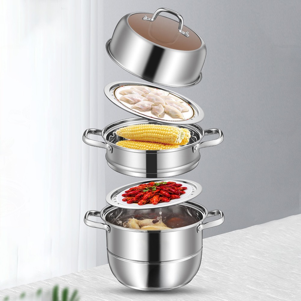 3 Tier Stainless Steel Steamer Cooker Steam Pot Kitchen Food Cooking + Glass Lid